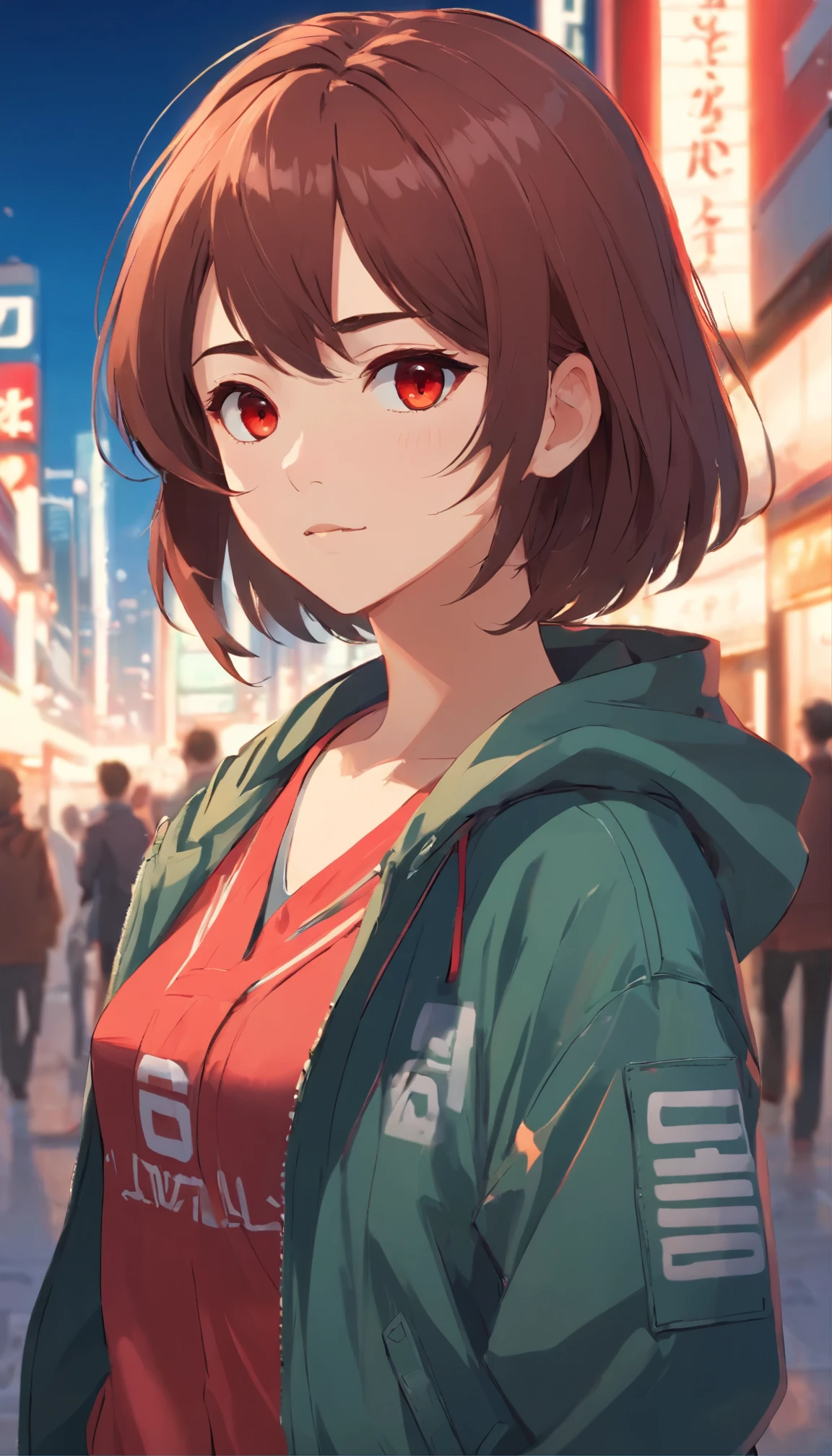 A beautiful and cute girl, wearing jacket, decent look, handsome girl, attitude, beautiful red eyes, brown hair, cool style, rude, 16y, detailed face, 8k