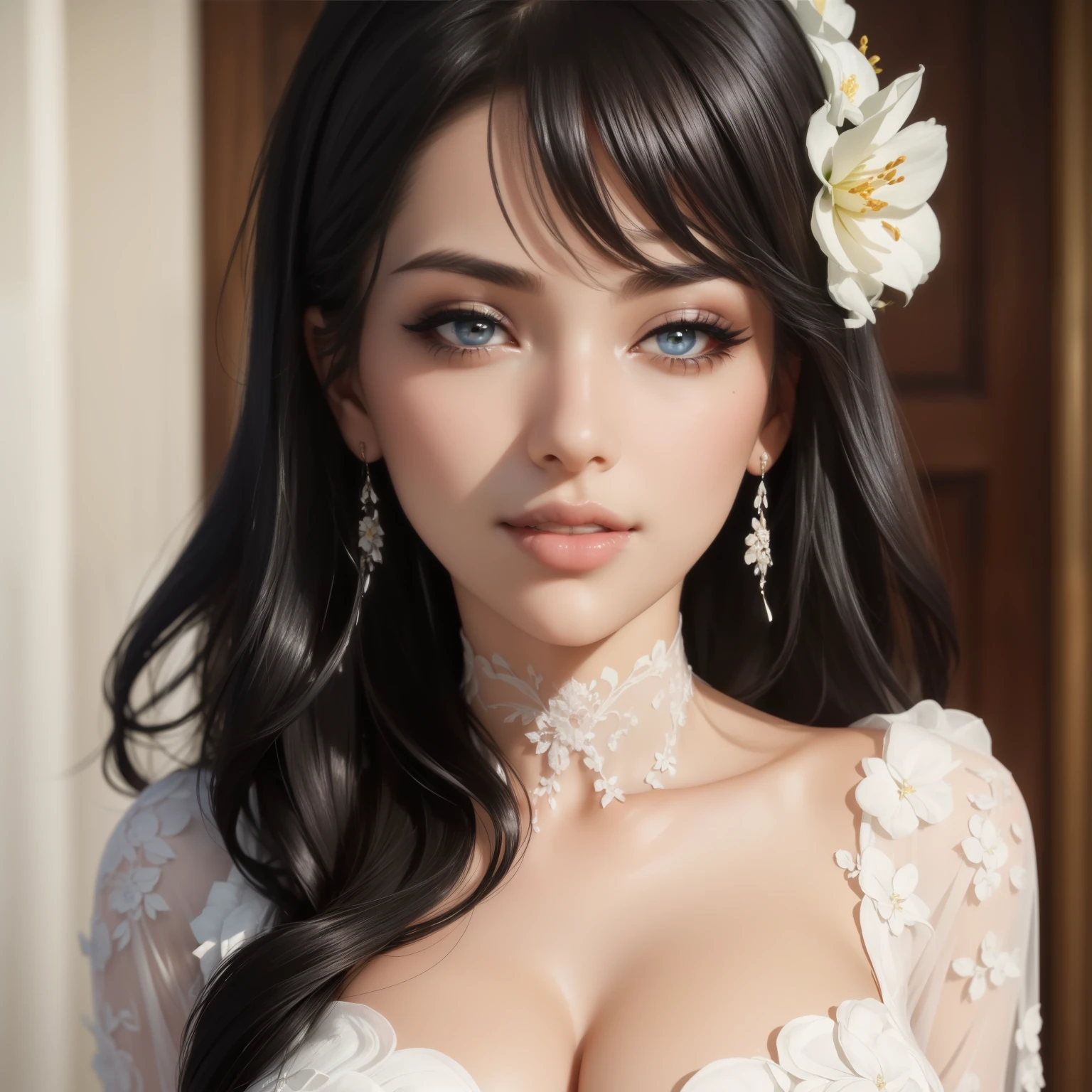 (best quality,ultra-detailed,realistic:1.37),sexy woman,beautiful detailed eyes,beautiful detailed lips,long flowing black hair,seductive look,sexy smile,amazing makeup,flowing white floral sheer dress with deep neckline,sultry pose,portrait,soft lighting,vivid colors