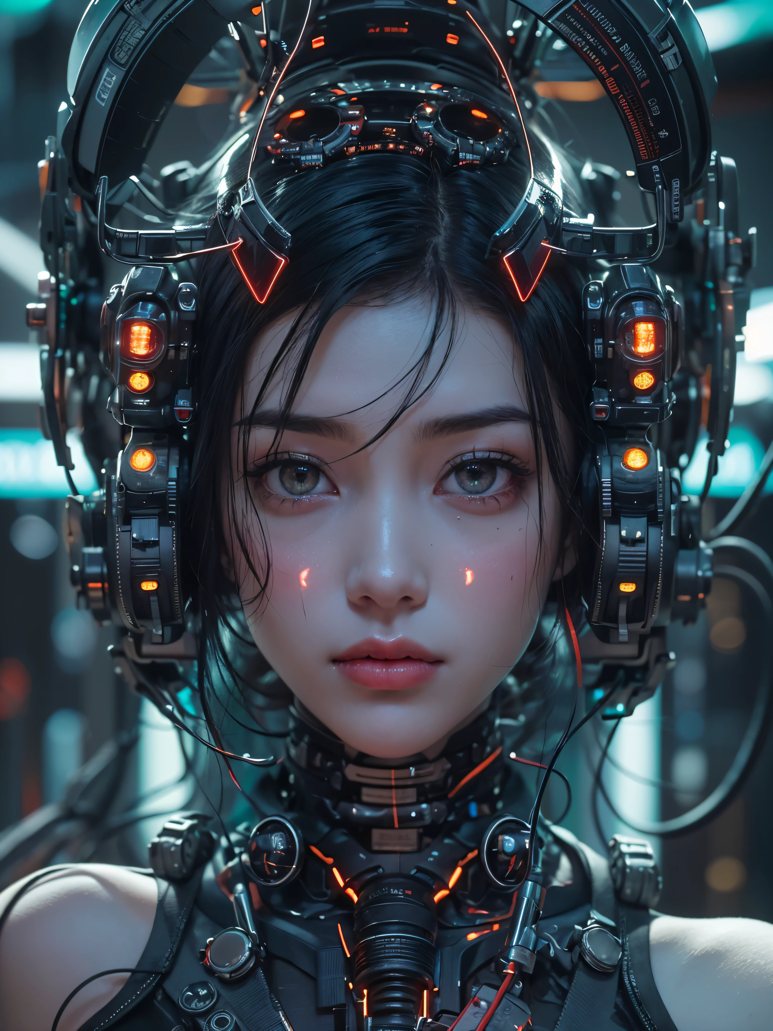 top quality, Masterpiece, ultra high resolution, ((Photorealistic: 1.4), Raw-Photo, 1 girl, black hair, Glossy leather, 1 mechanical girl, (Ultra-realistic details)), side lighting, deep shadows, octane number, 8K, ultra sharp, Metal, complex ornamental details, Egyptian Parts, very complex parts, realistic light, CGSoation trend, Facing the camera, neon details, mechanical limbs, tubes, connected to mechanical parts, mechanical vertebrae, attached to the back, mechanical attachment of the  to the neck, wires and cables, connecting to the head, Evangelion, Small luminous LED lamps, (dazzling streets of a cyberpunk city in the background).