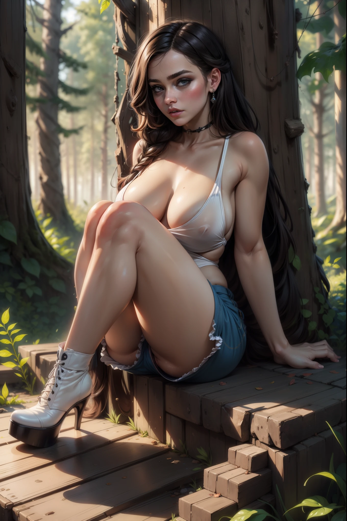 masterpiece. detailed oil painting of Emma Watson as a fairy, athletic. hair in braids, shorts for the summer. she is wearing a Detailed symbiote Venom costume, boots. night. in forest glade, light beams through tree leaves. long hair. sitting on stone bench incrusted jewels. background pet dragon.