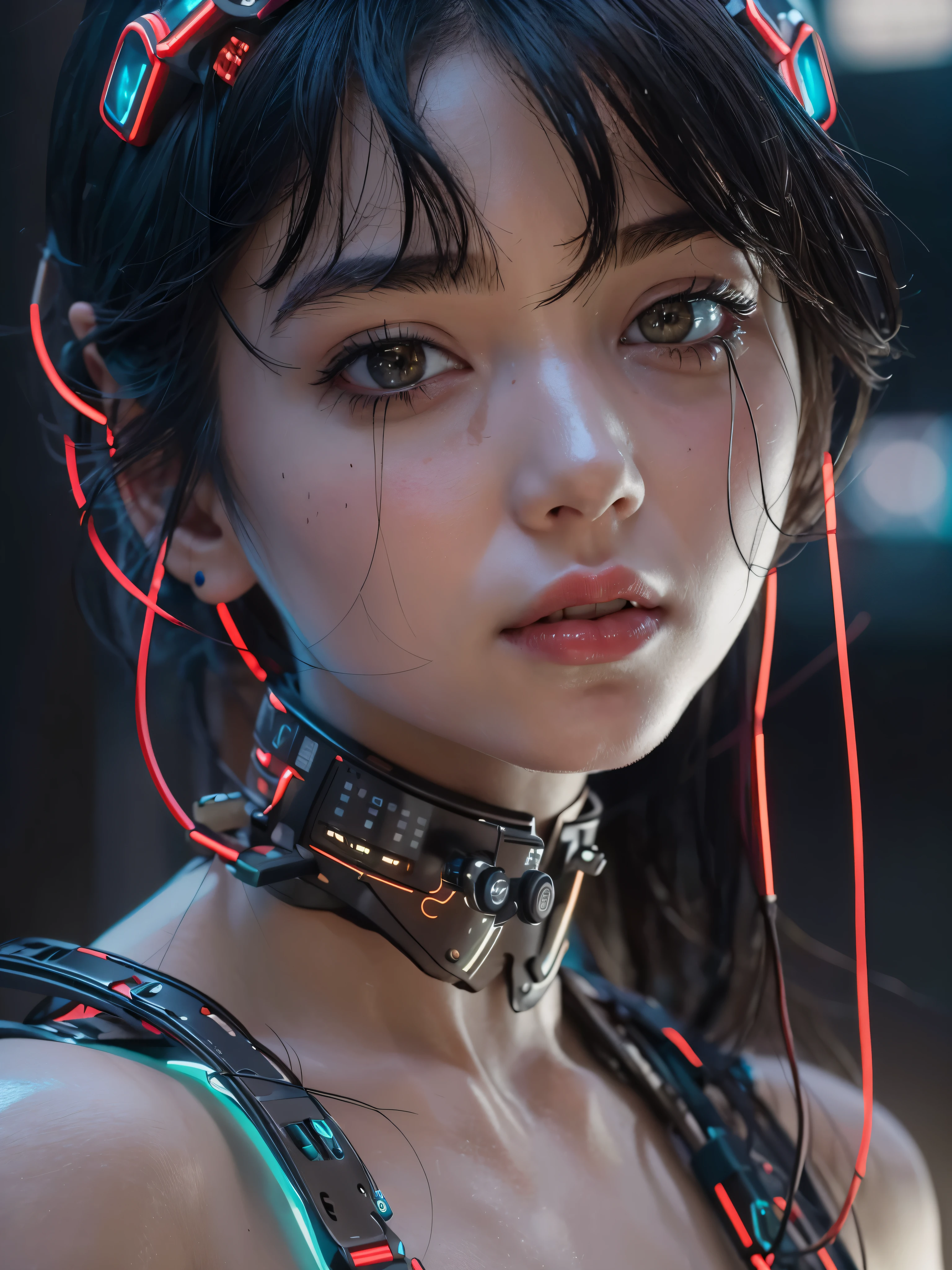 top quality, Masterpiece, ultra high resolution, ((Photorealistic: 1.4), Raw-Photo, 1 girl, black hair, Glossy leather, 1 mechanical girl, (Ultra-realistic details)), side lighting, deep shadows, octane number, 8K, ultra sharp, Metal, complex ornamental details, Egyptian Parts, very complex parts, realistic light, CGSoation trend, Facing the camera, neon details, mechanical limbs, tubes, connected to mechanical parts, mechanical vertebrae, attached to the back, mechanical attachment of the cervix to the neck, wires and cables, connecting to the head, Evangelion, Small luminous LED lamps, (dazzling streets of a cyberpunk city in the background).