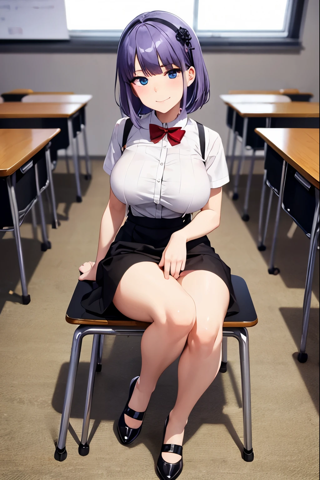 Masterpiece, award wining, high quality, beautiful poses, 1girl, short purple hair, black hairpin with a black flower, blue eyes, white shirt, red bow tie, suspender, black skirt, (black tight), white shoes, big breasts, ((sitting at desk in classroom)), legs spread, white pantie, embarrassed face, perfect legs, big smile, perfect hand, five fingers, looking at the camera 