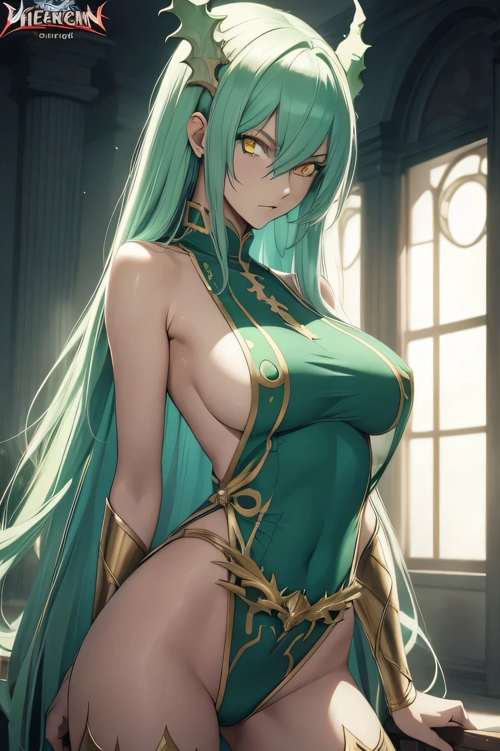 nelliel tu oderschvank, bleach, fair skin, long hair, yellow eyes, ((detailed eyes:1.2)), large breasts, nsfw, wearing superhero costume, sexy, sensual, sleeveless, sideboob, underboob, masterpiece, top quality, best quality, official art, beautiful and aesthetic:1.2), extreme detailed, colorful, highest detailed