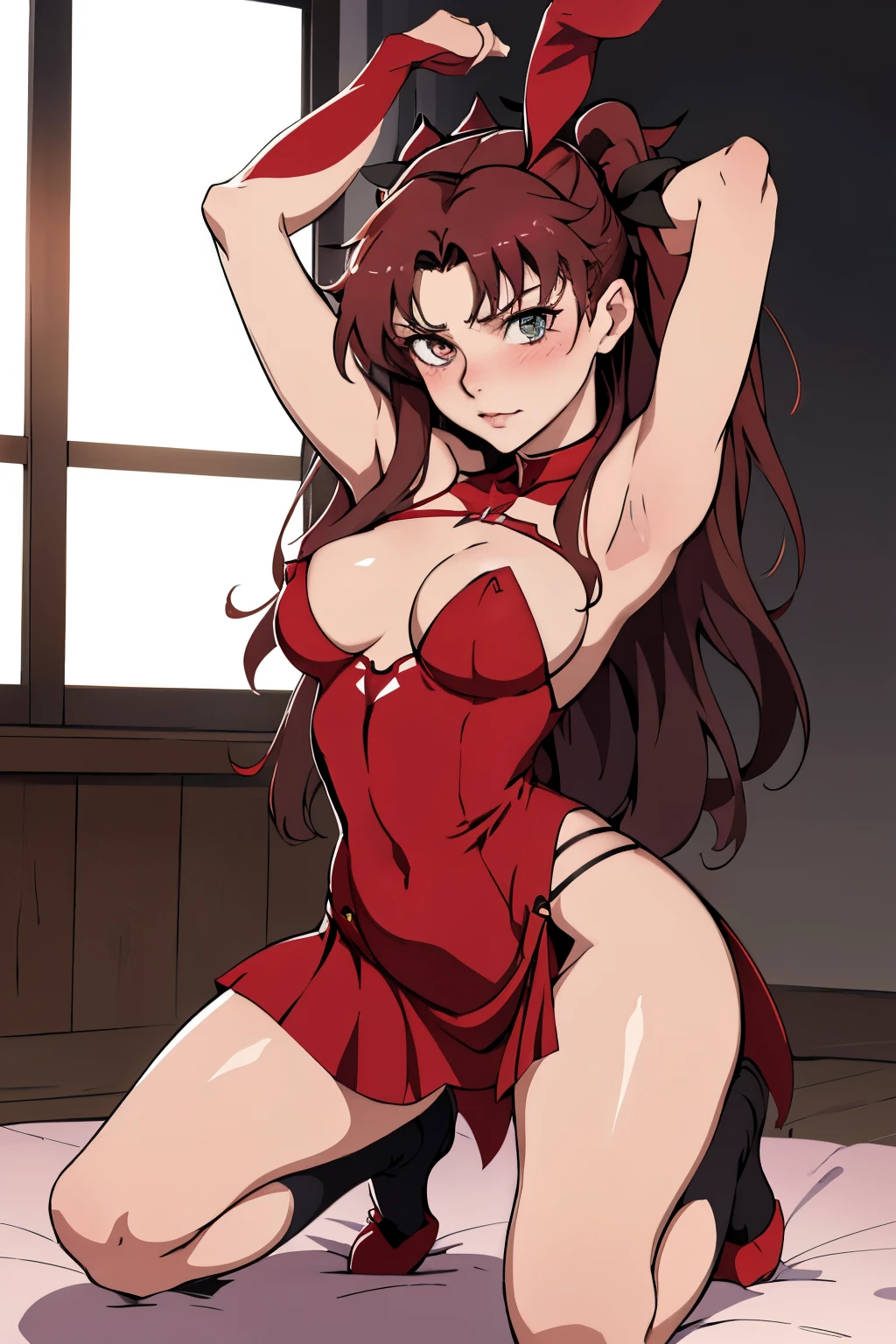 1fille, Seulement, Rin Tohsaka, sexy, erotic, on your knees, bouche ouverte, Rougir, best quality, chef-d'artwork, high resolution, costume de lapin erotic