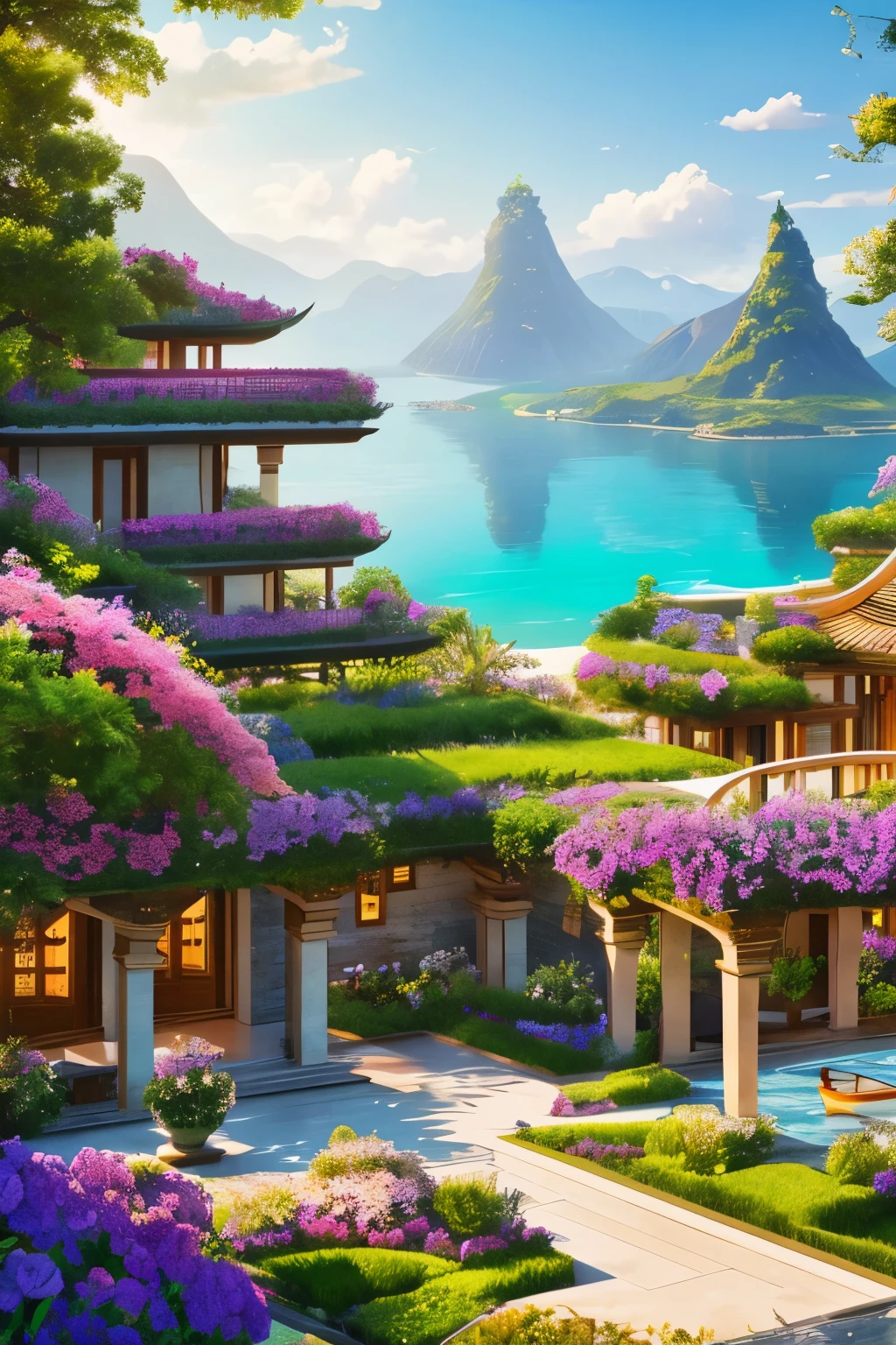 A breathtaking panoramic view of the distant flower sea reveals a magnificent architectural masterpiece as its focal point. The unique treasures showcased within the structure add a touch of opulence, while the Morandi color palette lends an air of sophistication. Embraced by the enchanting ambiance of the Immortal Cultivation Sect's ancient surroundings, this scene captures the essence of serenity and mystique. With its seamless integration into the natural landscape, this picturesque setting is a testament to the symbiotic relationship between architecture and nature. The harmonious blend of vibrant colors and intricate detailing transports the viewer into a realm of unparalleled beauty. -s2