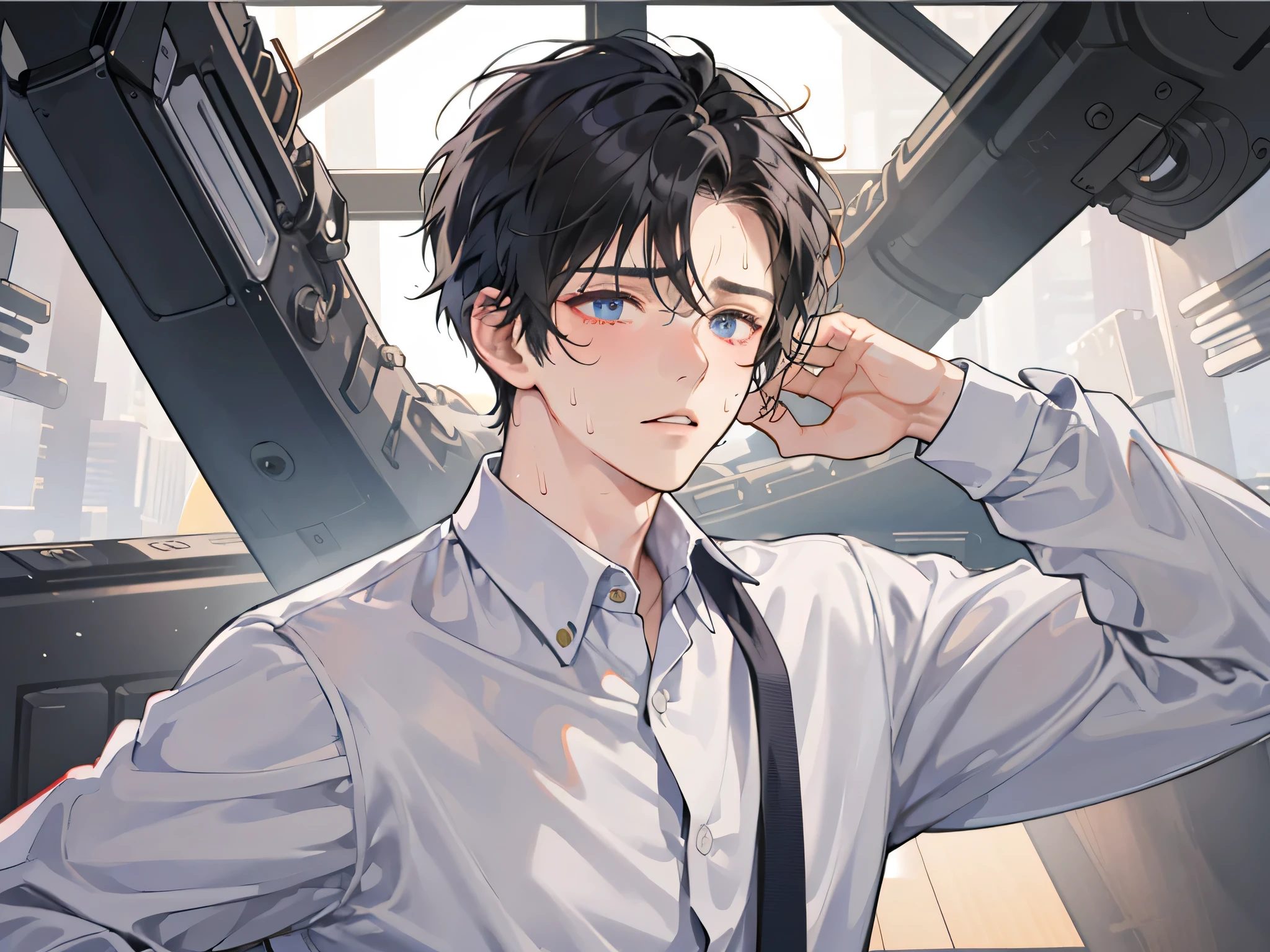 dynamic angle,(one personで: 1.2),close up of face,23 year old male,((1 boy))、one person,black hair、Ties and shirts,impatient,Sweat,sad,scary expression,office
