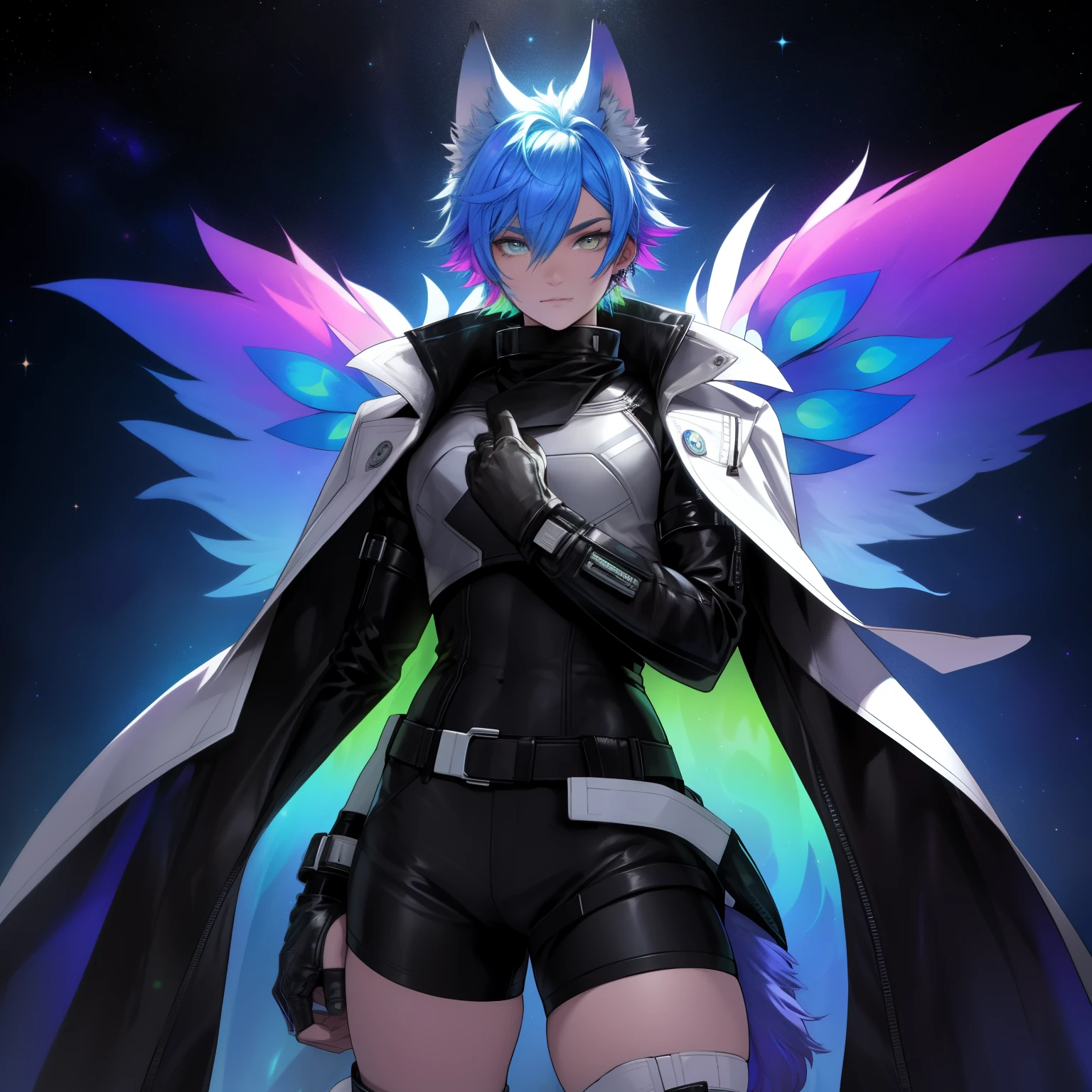 a short, skinny, galactic space young boy wearing a leather rainbow trench coat with a peacock insipired design, has wolf ears and a wolf tail, wide hips, thick thighs, long flowing rainbow gradient colored sparkly hair, twink, has feint blue aura, has crotch bulge, showing thighs, wearing thigh high boots, wearing short shorts, curvy, solo, alone, (SOLO)(ALONE)