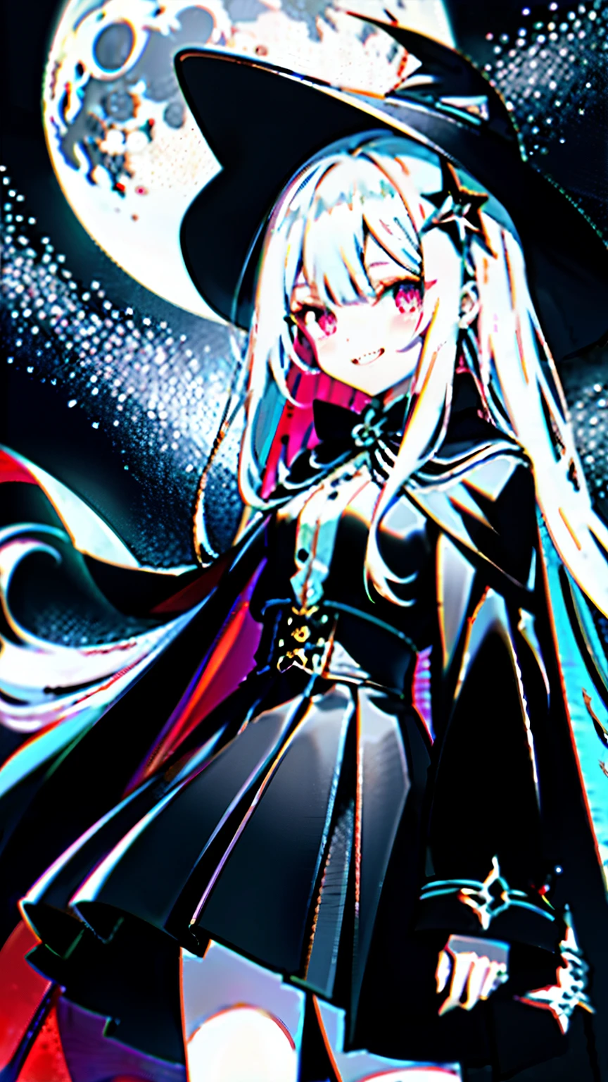 young girl、human、A magician who always smiles、large witch hat 、cute、long white hair、Red eyes and glazed eyes、Bangs are heavy、Thin eyebrows、fantasy、intake、double teeth、star motif、Seiza motif、monochrome clotheetal look decoration、cape、A little dark atmosphere、a little crazy smile、Outside at night when the moon shines、larger moon、blood return、black star hair ornament、short tie、No nails、high waist skirt、flared sleeves、long sleeve shirt、black tie、Low exposure