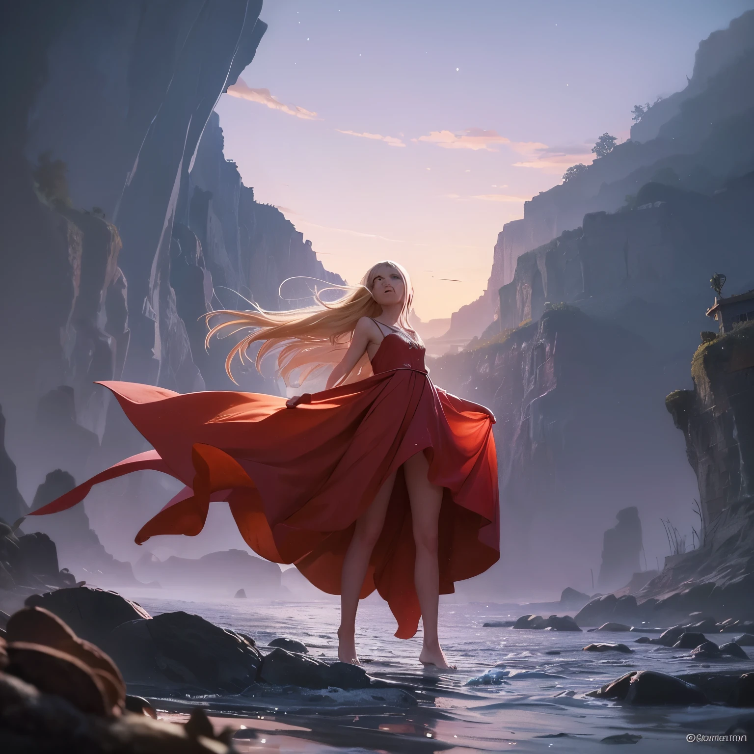 Young girl, blonde, in a bright scarlet flowing dress with open back, barefoot on the sand, full-length, beautiful deserted beach, purple sea, with surging waves, pre-sunset sky, with a transition to the night sky, in the sky two moons, cluster of stars, painted in the style of Tim Burton's works, but not too dark tones, illustration, illustration of a fantasy novel, concept art, highly detailed animation, hyper-realistic painting, art