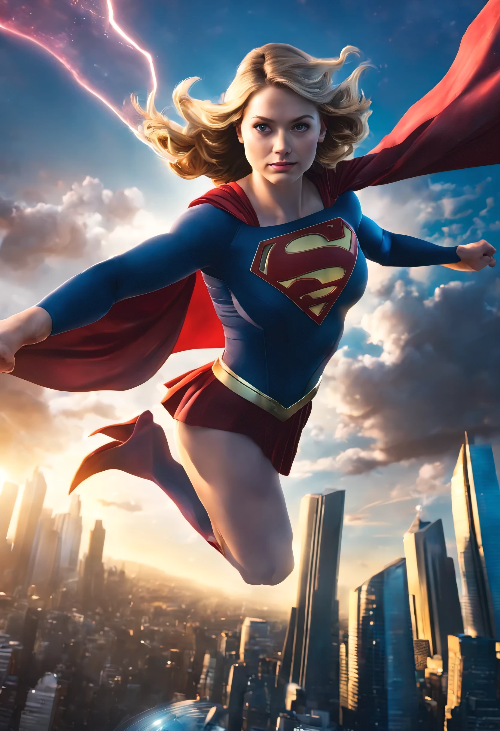 Supergirl,flying in the sky,cape billowing in the wind,graceful and powerful,confident and determined,[golden] curls shining in the sunlight,dazzling blue eyes,piercing through the darkness,[bold and heroic],costume vibrant and colorful,[holding a glowing energy orb],surrounded by a vibrant cityscape,city lights twinkling below,buildings reaching towards the sky,metropolis bustling with life,[best quality,4k,highres],[realistic],capturing every muscle and detail,showcasing Supergirl's strength,[comic book style],with dynamic lines and vibrant colors,[accentuated reds and blues],conveying a sense of excitement and action,[illuminated by soft warm sunlight],creating a warm and inviting atmosphere,casting gentle shadows,adding depth to the scene.