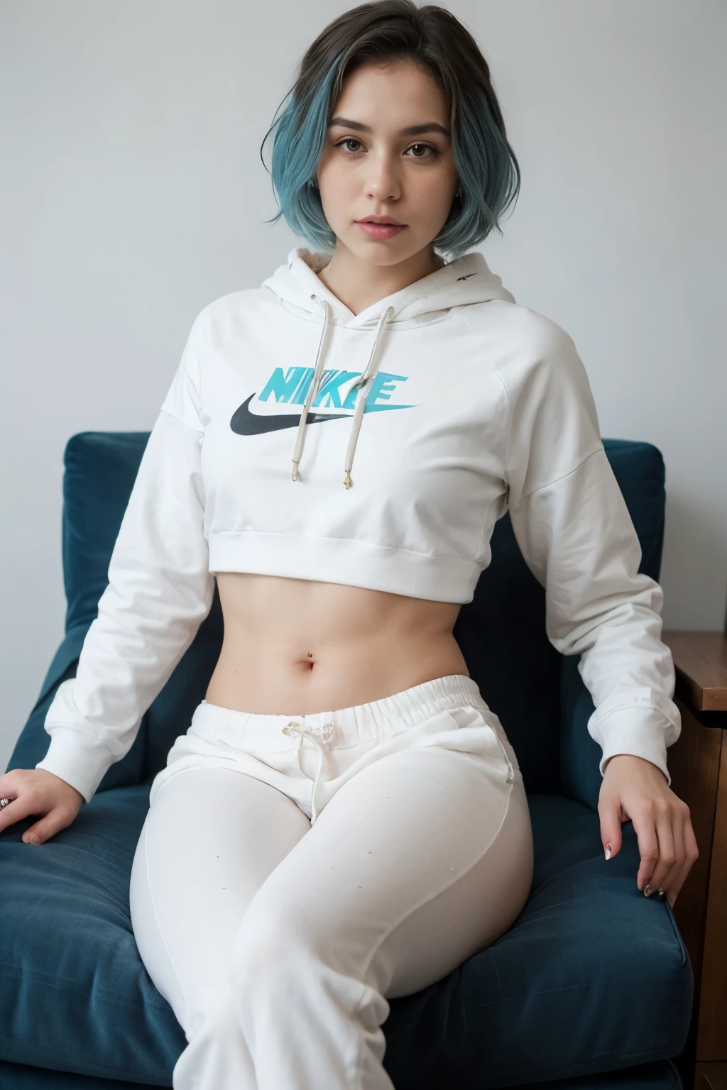 beautiful woman with turquoise hair, light freckles, on armchair, wearing white sweatpants and nike hoodie, slim body, fit, thick thighs, dreamy and romantic compositions