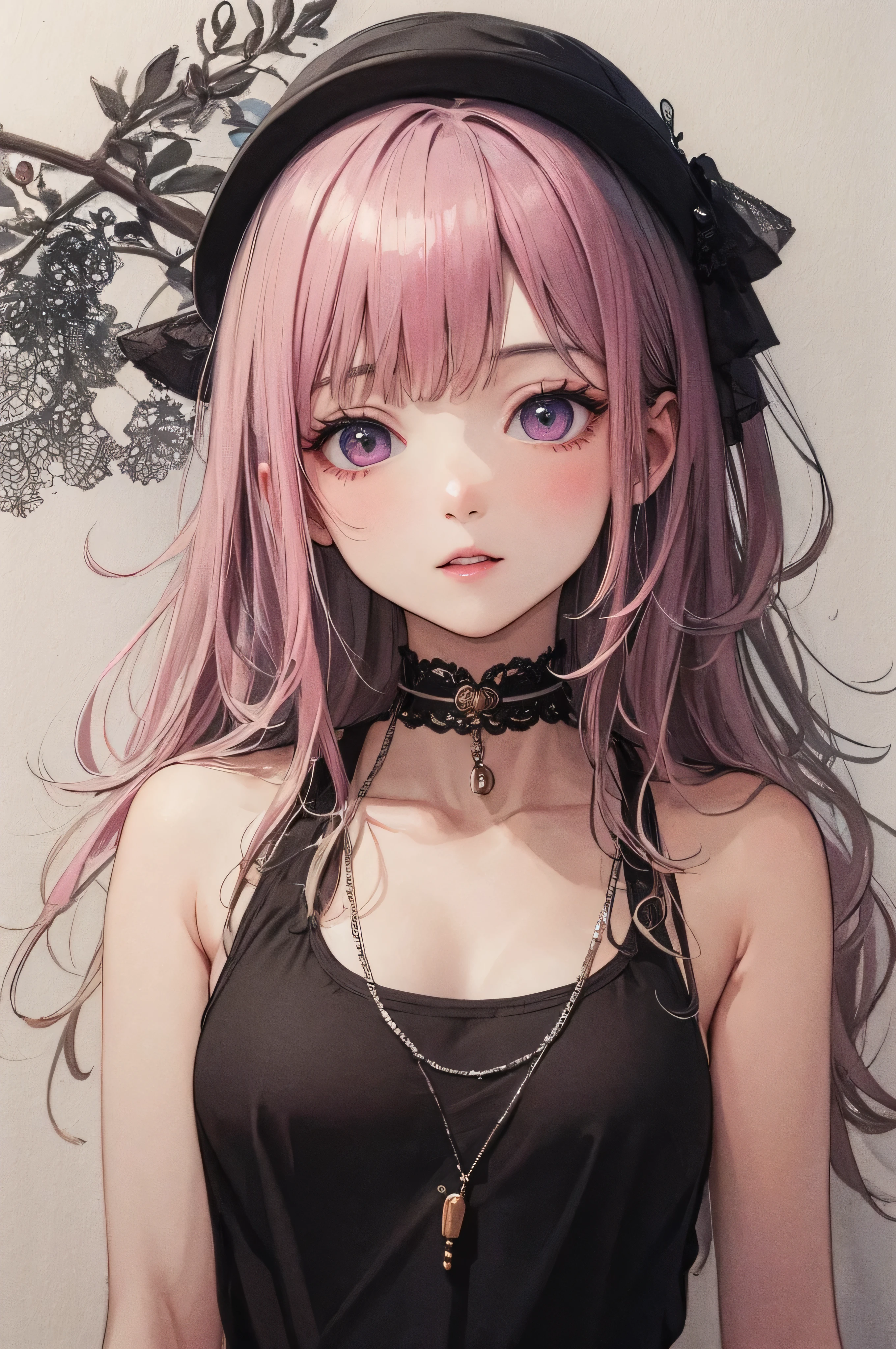 (masterpiece、highest quality、highest quality、beautiful beautiful:1.2)、top of head、(watercolor1.5)、(pigment thin 1.5)、droopy eyes、pink tone、Long、1 girl、Bibi-chan、(fractal art:1.3)、pink hair、pink eyes、Tank top、stick one out'lips
