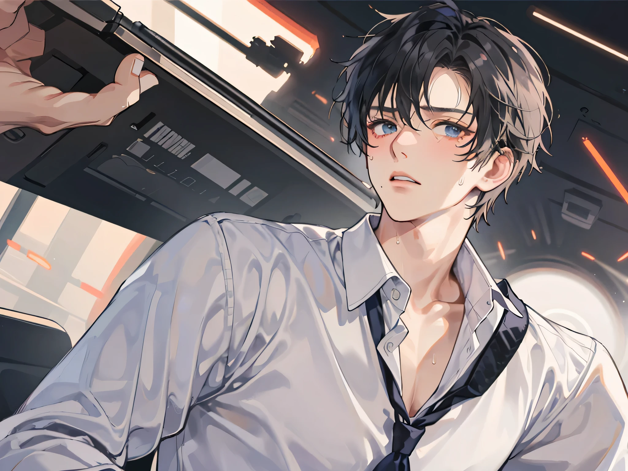 (one personで: 1.2),close up of face,23 year old male,((1 boy))、Attack viewers,one person, black hair、Ties and shirts,impatient,Sweat,sad,scary expression,office