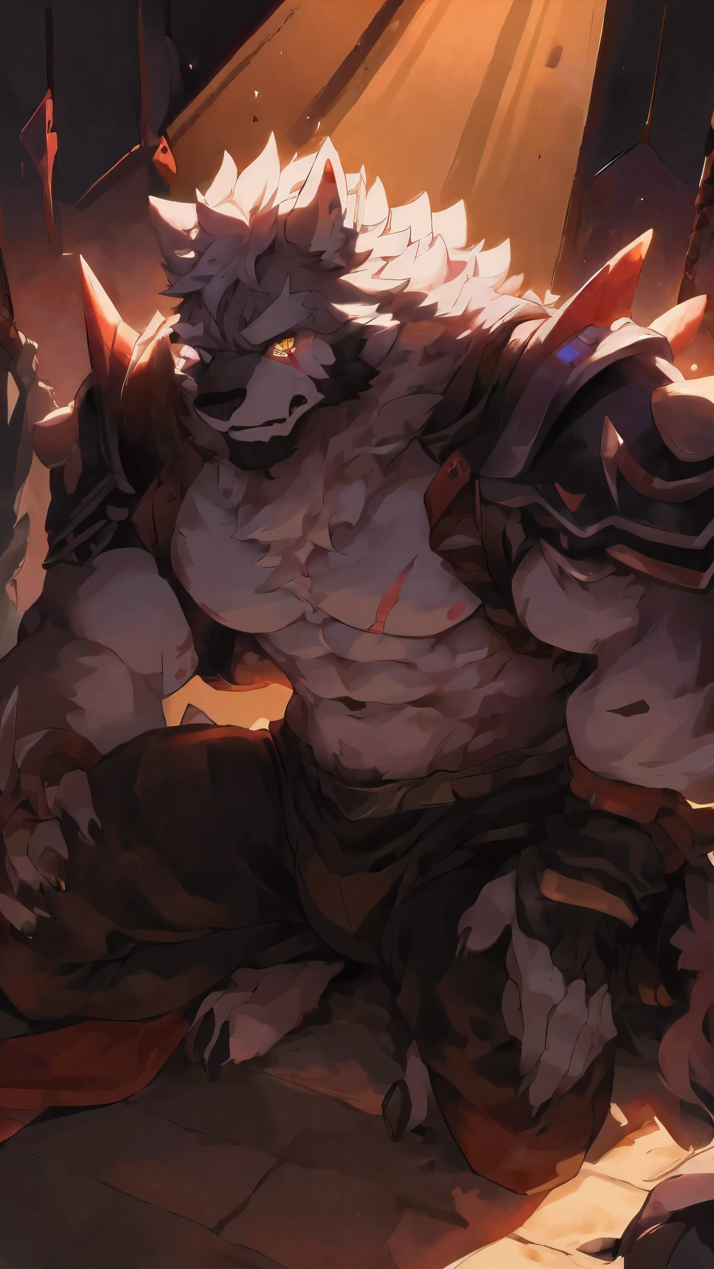 hairy,HD,8k,facial clarity,Bright Eyes,exquisite eyes,loopholes'eye view,Canidae,gray wolf,full body portrait,male,uncle,warrior,tough guy,rude person,gray fur,golden eyes,tall and strong,body muscles,Large pecs,8 pack abs,powerful biceps,Thick tail,Thick arms,generous animal feet,generous dewclaws,scar,脸上有scar,胸口有一道scar,Handsome,mature look,Physically strong,The face is majestic,Strong and domineering,Lovely,male荷尔蒙爆棚,beard,armor,kneeling position, on all fours, facing the audience, triangle battle,topless,barefoot,erect,Tempting