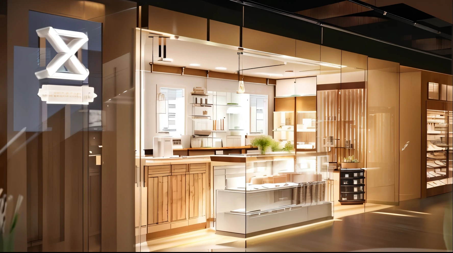 There is a store with glass display cabinets and wooden walls, retail design blog, beautiful aesthetic design, designed for comfort aesthetics, kitchen utensils, kitchen supplies in cabinets, kitchen shops, kitchen shops, kitchen, interior, photo-realistic, realistic, ultra-wide angle, high definition, 8K, high definition aesthetics, 4k