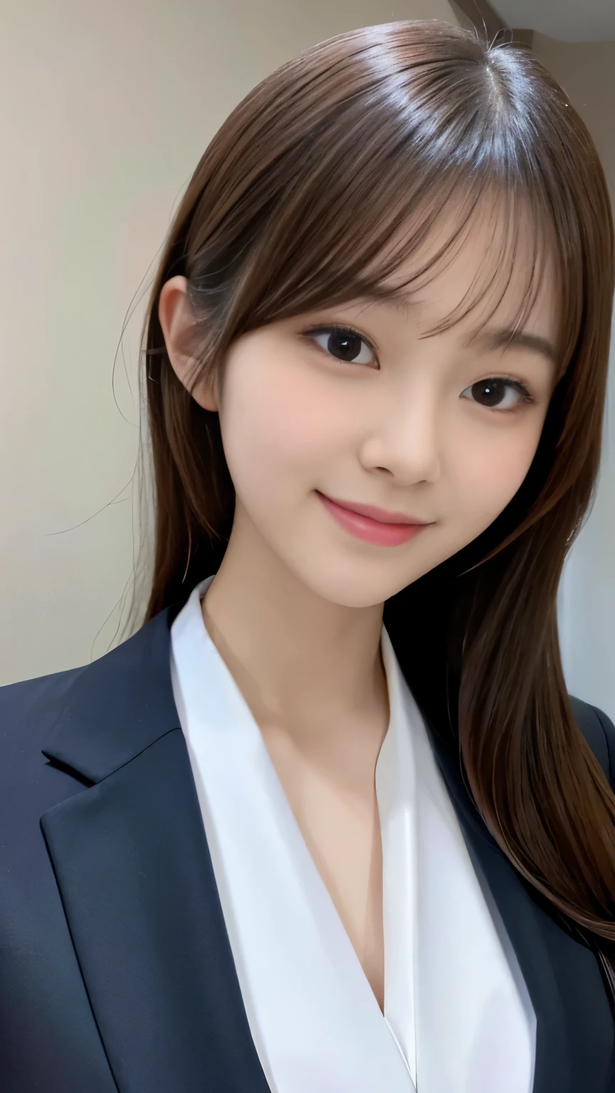 highres, ultra detailed, photorealistic, 1 beautiful japanese girl, highly detailed beautiful face, medium hair, light smile, formal suit
