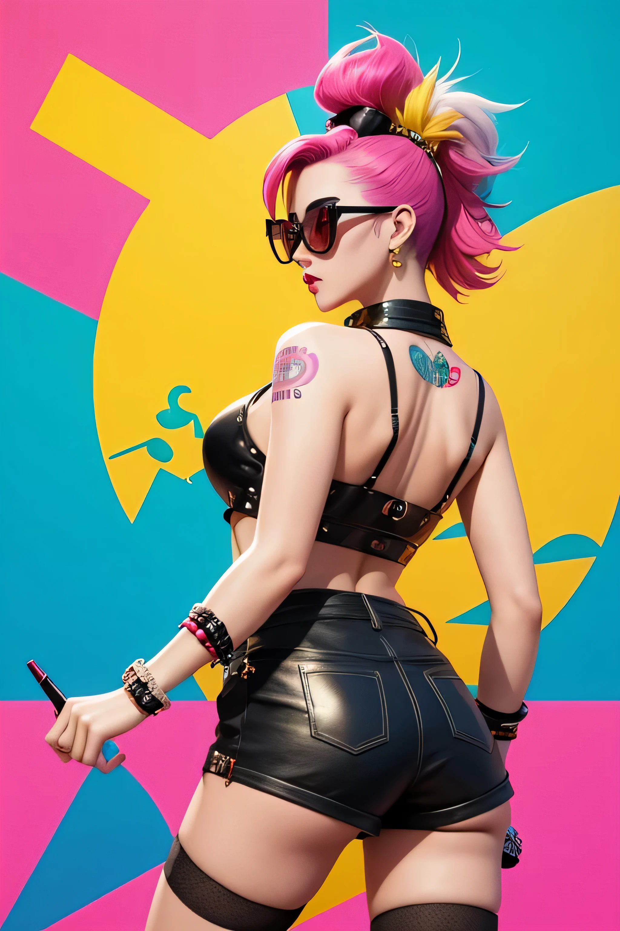 stylish Funky girl back view with a geometric shapes background, a punk 
hairstyle and sunglasses, create this beauty and fashion profile scene. 
Retro look perfect for fun projects. 3d digital art render. in the style 
of yoh nagao, lively tavern scenes, outdoors and, yellow and pink, drugcore, 
cult party kei, fragmented advertising, playful use of line.