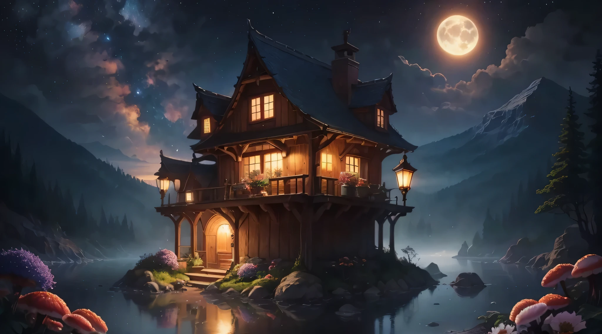 master part, nice, Old Western-style building、landscape, Moonlight night,Pale moonlight、 flower, garden, starry sky, constellation, wonderful, view, water, warm, comfortable, peaceful, meteor, cosmic, magic, magic, particle, fair, There's a fairy girl、look up、fantasy、mushroom forest、goblin、霧がかかってlandscapeがぼやけている