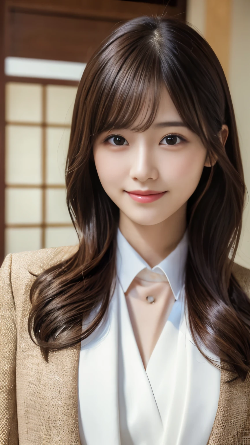 highres, ultra detailed, photorealistic, 1 beautiful japanese girl, highly detailed beautiful face, medium hair, light smile, formal suit