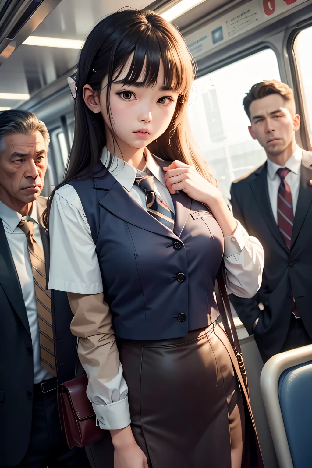 Hyperdetailed realistic airbrush painting of (most beautiful sexy Japanese woman walking in crowded subway:1.3), (cum on face and clothes, wearing business attire:1.55), long_brown_hair, leg_garter, trending on artstation