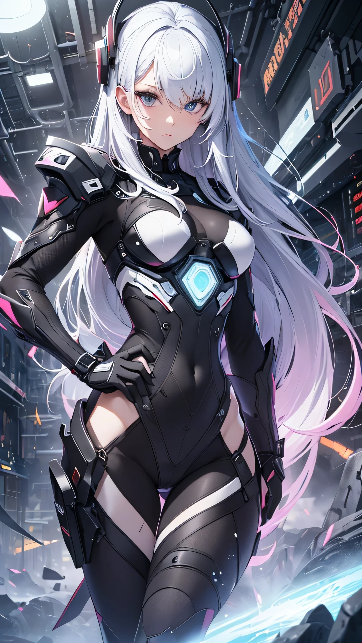 最high quality、best image quality、masterpiece、girl((20-year-old、 By becoming、vest bust、medium bust,wide open breast tea、shining eyes, light blue hair、long hair、thin,highest valley、ponytail、action of looking up、full body bandage、Black and white suit、backwards、emphasize the buttocks)),high quality、beautiful art、background((Near future、Machine area、energy field))、Flight、debris flies、Depth of written boundary、movie、visual art、perfect art、8k,genuine、