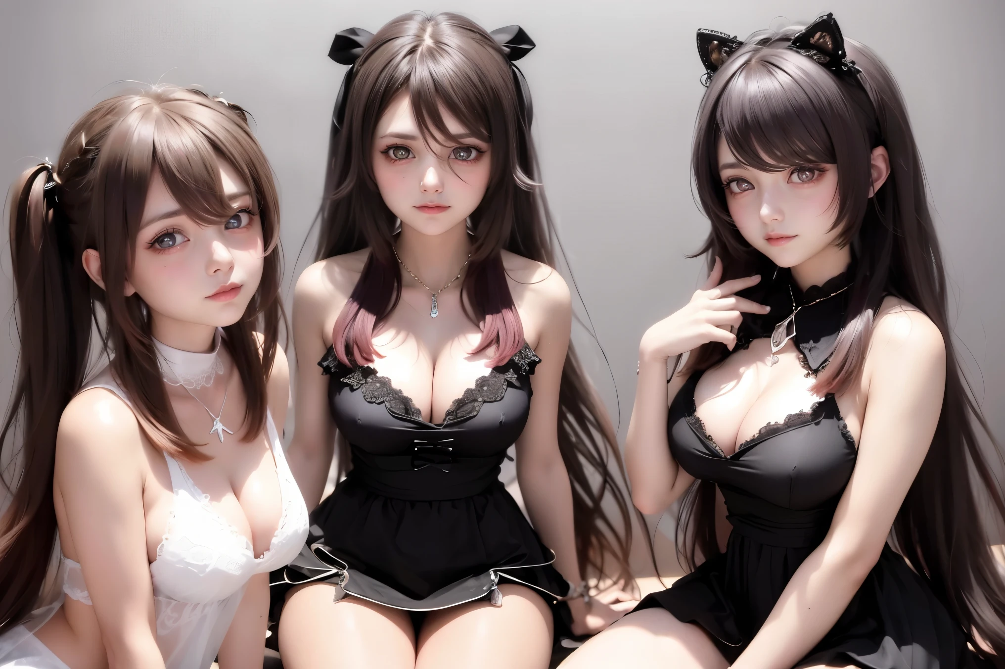 3 girls, sit a row, looking at the audience, wearing a nightgown ,revealing buttocketamorphosis exposed,at bedroom((masutepiece)),(realisticlying:1.2),best qualtiy,high high quality,absurderes,rich colourful,stunning art,best qualtiy, ultra - detailed,beautifuldetails, reflective hair,Good lighting, Ray traching, depth of fields,ultra - detailed,illustratio,astounding,finedetail,Very detailed, ((ultra - detailed)), (Beautiful Meticulous Girl), Beautiful detail glow, intricately details, A high resolution, beatiful detailed eyes, NFFSW, Round eyes, detailedfacialfeatures,(Round pupils:1.4) (illustratio),(Beautiful and delicate eyes)(extra detailed face)), depth of fields,(alluring face), closeup cleavage, photore, lewd poseasutepiece,Best quality,A high resolution)))),Extremely detailed 8K,beauty girl,(hyper HD,ultra - detailed,high detal,high realistic,Ultra-realistic,Foto realism),(realistic dark hair),(Dynamic posture),large breast,E-cup, (Beautiful and detailed face,Beautiful and delicate eyes),(Beautiful ass :0.5),perfect fingerole under the eye, ((brunette color hair)),Crystal shiny necklace,