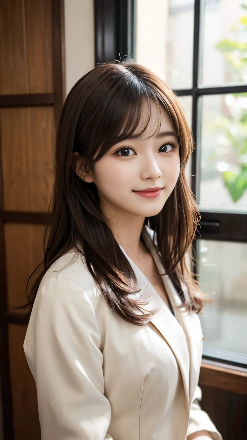 highres, ultra detailed, photorealistic, 1 beautiful japanese girl, highly detailed beautiful face, medium hair, light smile, formal suit