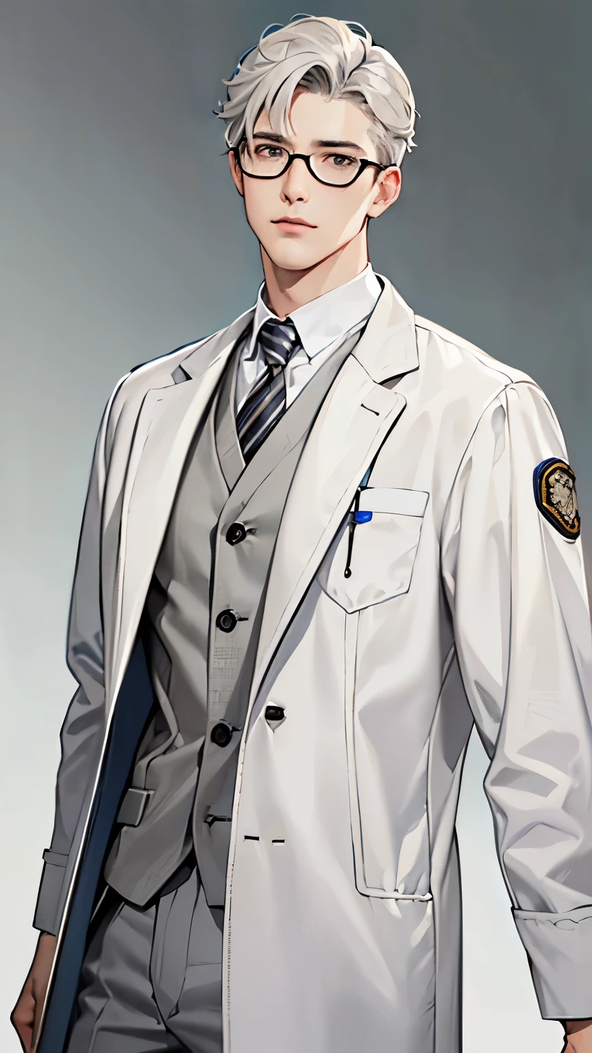 (masterpiece, best quality), 1 male, 30-year-old youth, Real world Tall, tired, Doctor, Frontal portrait shot, Intricate details, Fine eyes, grey eyes, Intricate details, White Doctor coat, Grey short hair, Partial distribution, Casual trousers, glasses, bangs, crossed bangs, UHD