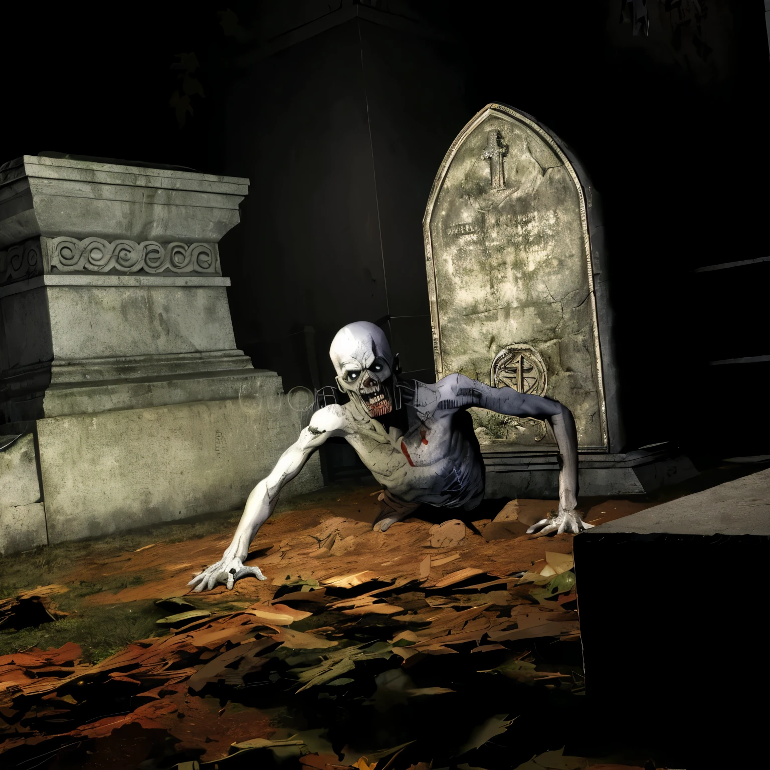 araf zombie crawling in a cemetery with a tombstone in the background, jogo de terror graphics, terror de videogame independente, videogame de terror, zombie coming out of a grave, playstation 2 jogo de terror, jogo de terror, ainda de filme de terror animado, corpses and shadows!, Dark cemetery scene, espreitador de cripta!!, Eternal Darkness, terror altamente detalhado, cena de terror