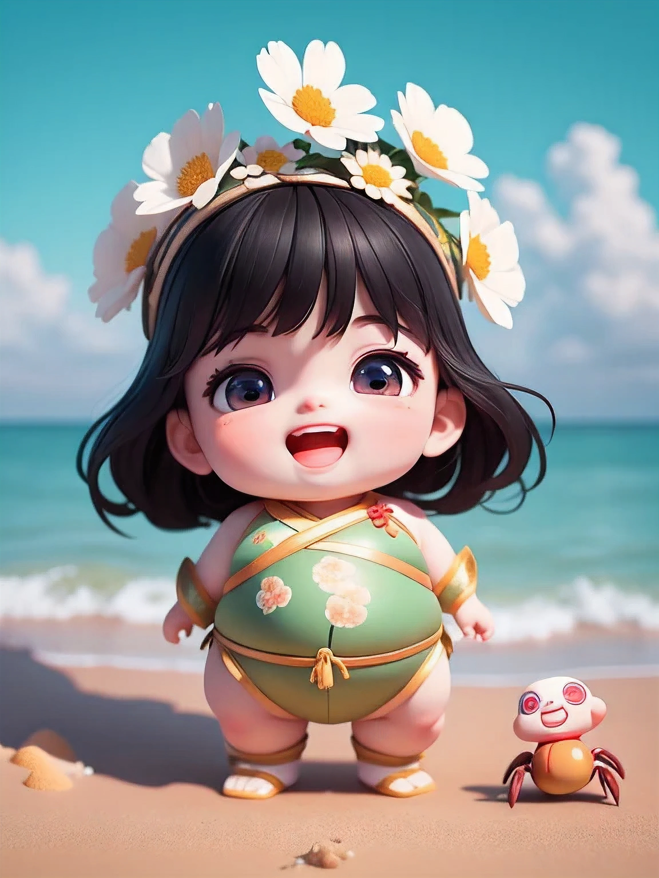 (masterpiece),(best quality),(super detailed), (whole body:1.2),
1 fat girl fat man，charming, Smile, open mouth,
flower, beach, , blowing bubbles，Taoist costumes, blush,:,  vague, black hair, bald，Crab
(Beautiful and delicate face), (beautiful and delicate eyes),
 