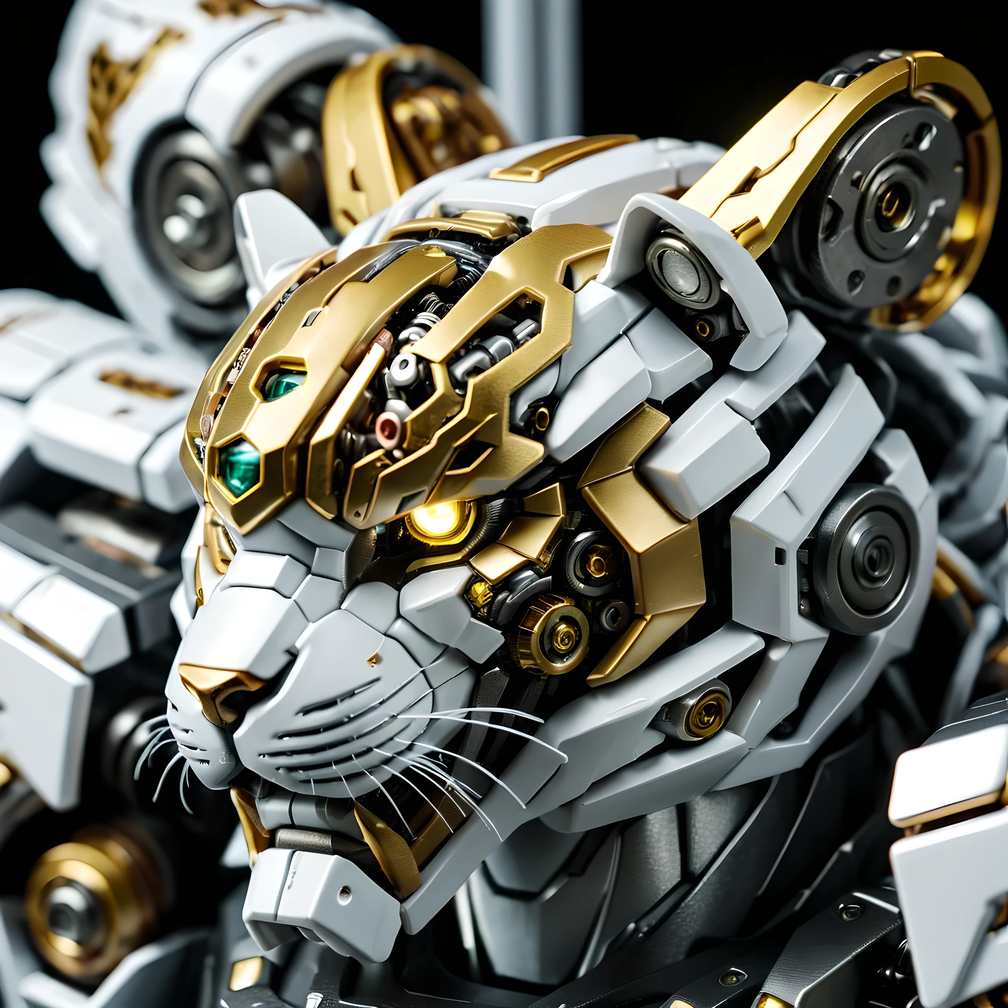 close-up, White and yellow slot machine head on pure black background, Composed of ultra-precision mechanical components, Electronic Component, and metal armor.(Ray tracing, Well-designed, high detail, masterpiece, best quality, ultra high definition)
