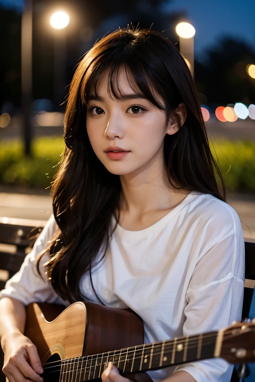 Upper body close-up image。one beautiful woman。dark brown hair。She sits on a park bench on a moonlit night、Singing with a guitar in hand。