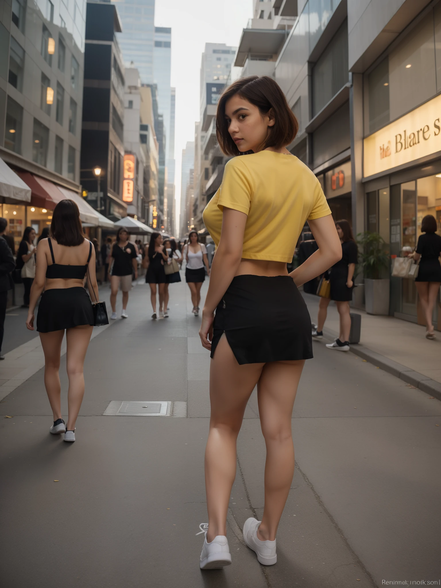 Realistic photo, in 8k,A bustling street with skyscrapers and illuminated signs..She is shopping.. 18-year-old Brazilian young woman, She is 5 feet 7 inches tall, She has a slender face, she has freckles, She has bob haircut, she has tanned skin, she has a 90E bra size, She has a slim waist, she has big buttocks, She is wearing a black skirt, a yellow t-shirt, and black sneakers. Detailed legs, barefoot, stockings, with shoes