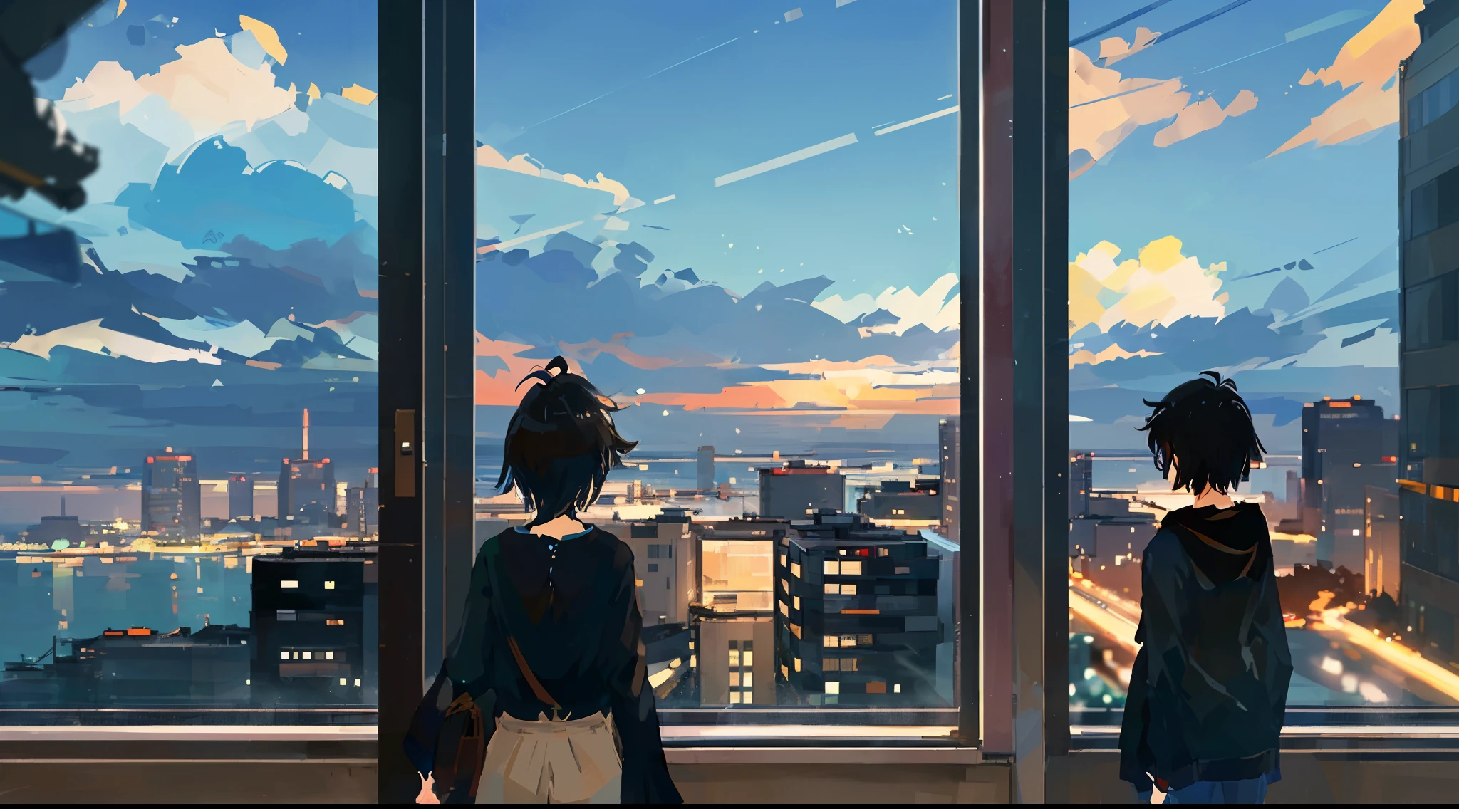 view from insinde an apartement in skyscreaper wendow looking at the ncy buildings , makoto shinkai cyril rolando, ( ( makoto shinkai ) ), style of makoto shinkai, makoto shinkai. —h 2160, in style of makoto shinkai, by Makoto Shinkai, by makoto shinkai, makoto shinkai!