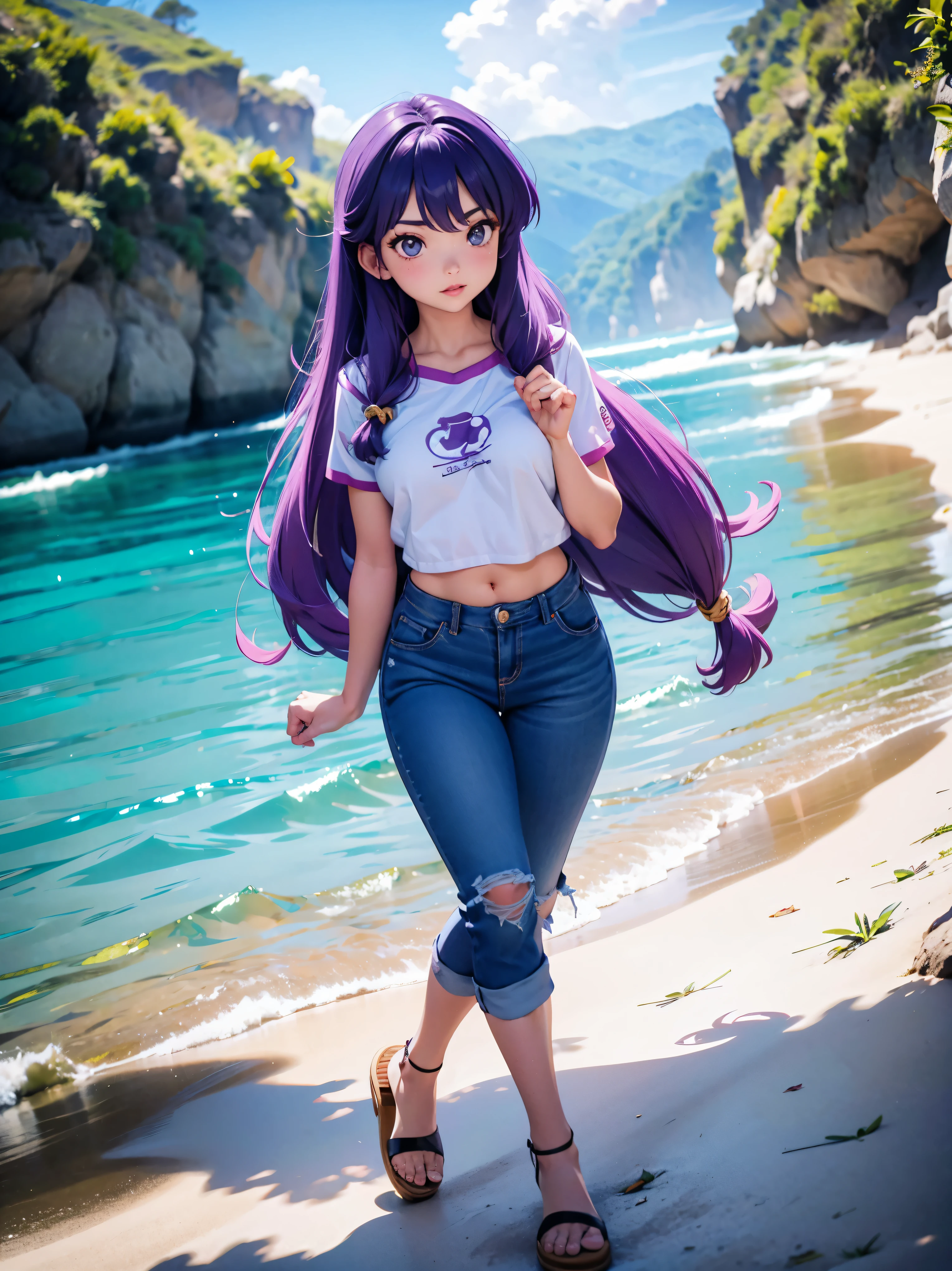 Anime cabelo purple com short jeans e blusa rosa brilhante, 17 anos, corpo bonito, seios grandes, com as hands on chest, hands on chest, Garota sexy, purple cabelo, mechas de cabelo laterais, mechas de cabelo na lateral do rosto, beautiful lighting, sombras suaves, olhos azuis, pernas bonitas, cabelo longo purple, estilo anime, personagem Shampoo Chan, Autora Rumiko Takahashi, Baseado em obra de Rumiko Takahashi, Anime Ranma 1/ 2, decote sexy, quadril robusto, corpo inteiro, corpo inteiro, busto grande, garota jovem com corpo belo e bonito, sandals on his feet, garota 17 anos jovem baixa estatura, usando short jeans e blusa rosa brilhante, garota anime, estilo anime, beautiful feet in sandals, 45° viewing angle, ao ar livre, peito grande, seios bonitos, cabelo purple, sandals on the feet, pernas bonitas, andando sobre areia da praia