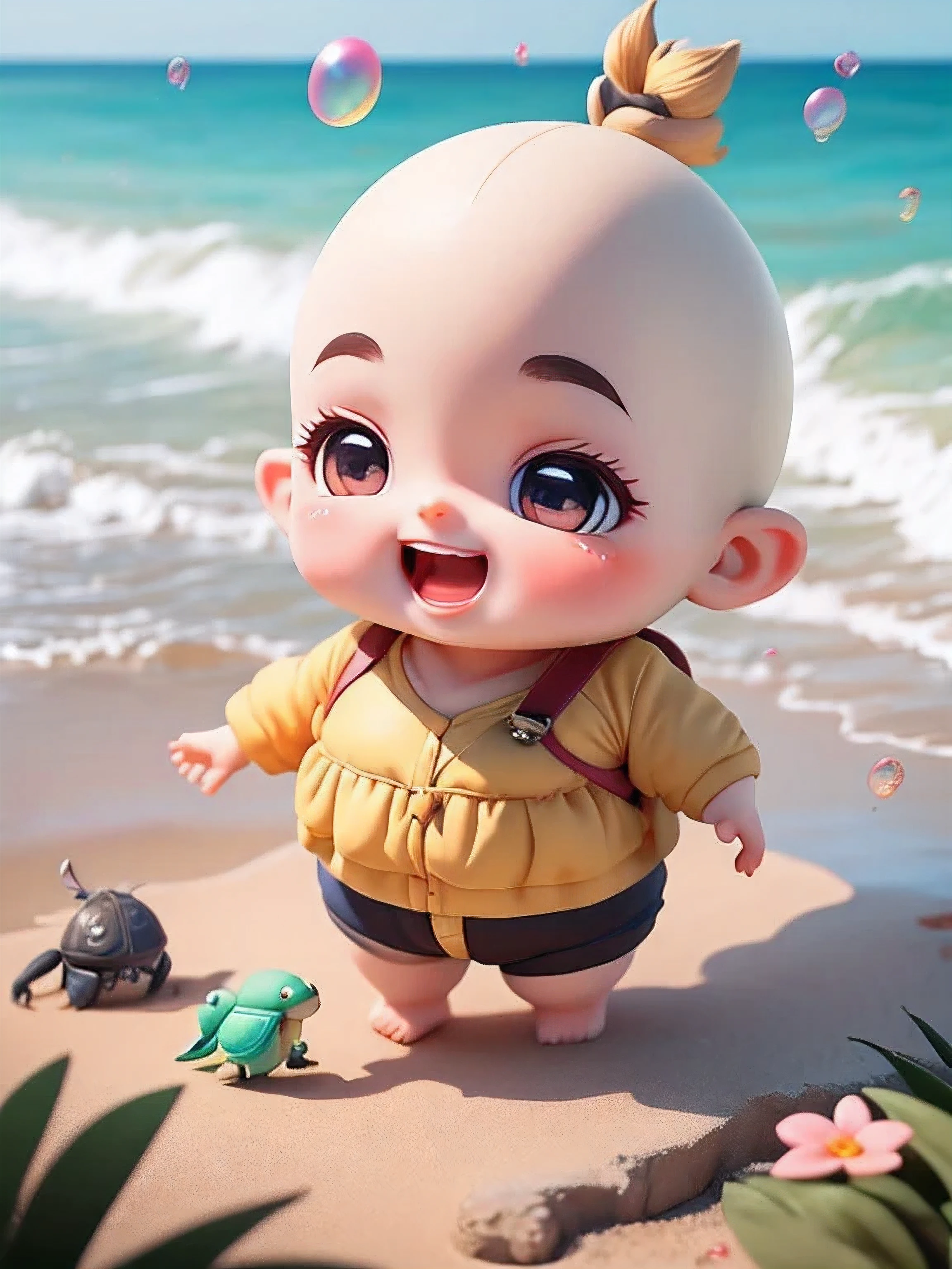 (masterpiece),(best quality),(super detailed), (whole body:1.2),
1 fat girl fat man，charming, Smile, open mouth,
flower, beach, , blowing bubbles，Nezha pictures, blush,:,  vague, black hair, bald，Crab，turtle，
(Beautiful and delicate face), (beautiful and delicate eyes),
 