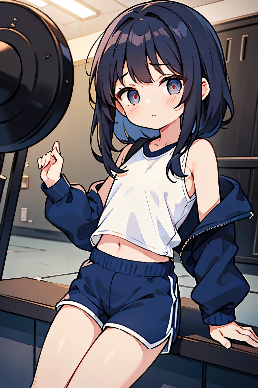 Gym suit、white shirt、(Navy blue shorts:1.2)、long black hair、flat chest、(、12 year old girl:1.4)、