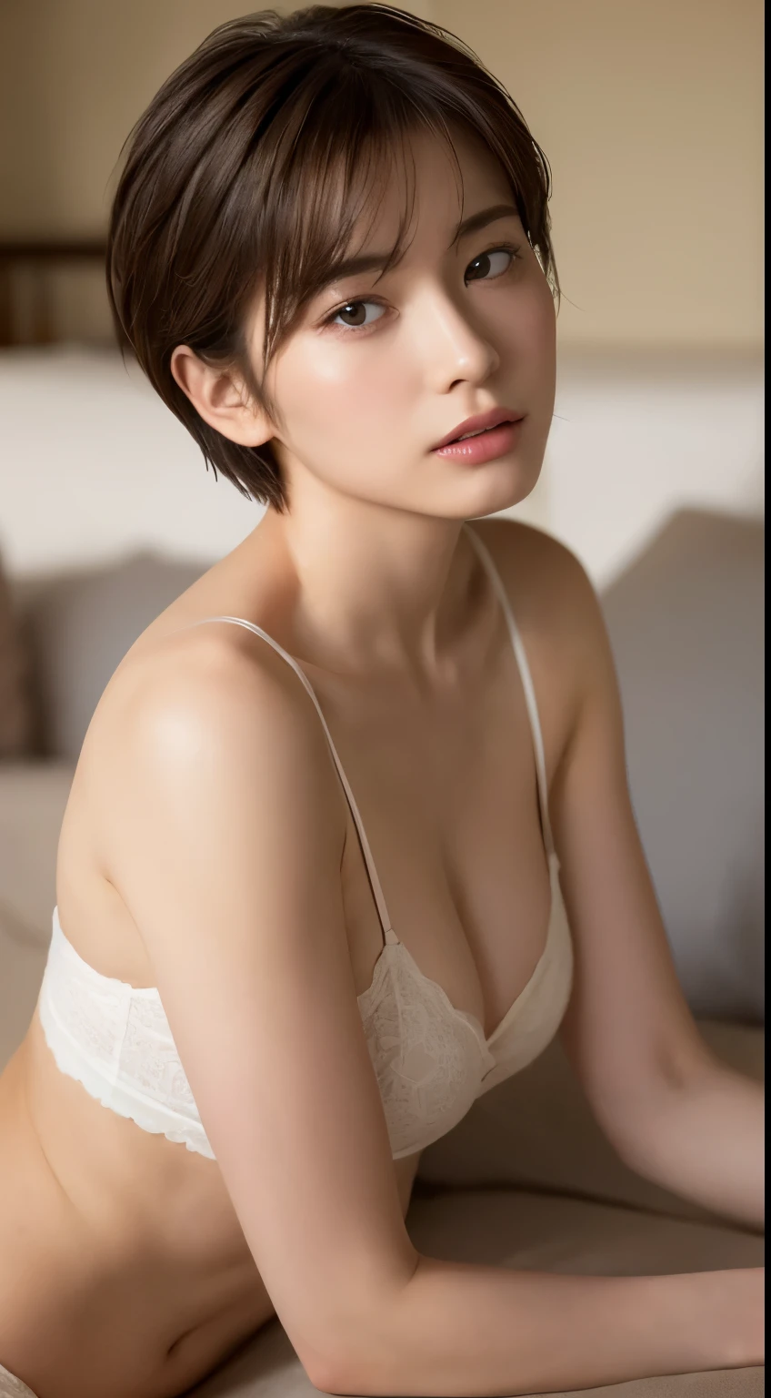((highest quality, 8k, masterpiece :1.3)), 1 girl, pretty woman with thin abs :1.3, (medium short hair, huge breasts :1.2), pajamas:1.1, super detailed face, fine eyes, crawl on all fours,back,