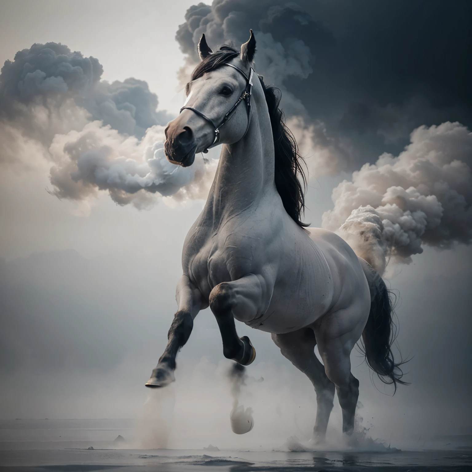 close-up, lowered head, a horse made of smoke, floating in the air, by akos major, abstract, motion bur, frozen moment, stunning imagination, white and gray, dissipate, as silky as water