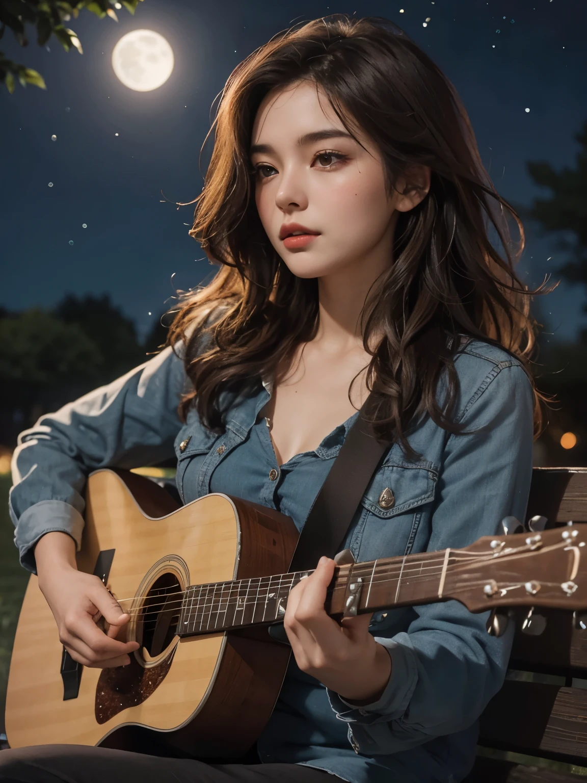 Upper body close-up image. A beautiful woman. Dark brown hair. She is sitting on a park bench on a moonlit night, holding a guitar and singing a song.