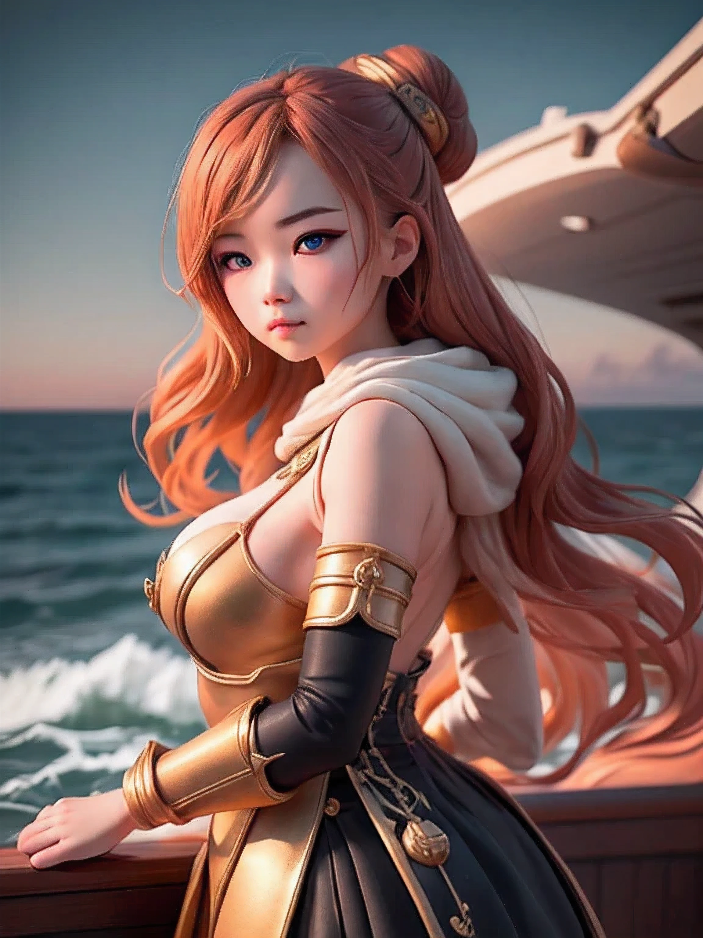 (masterpiece),(best quality),(super detailed), (whole body:1.2),
1 Chubby Chinese Girl Copper Half Up Half Down Hairstyle,alone,Upper body,look down,Detailed background,team leader,Serious,team leader crimson,Elegant cloak,team leader帽,decorate,dynamic poses,on the deck of the ship,anchor,dawn,dramatic lighting,epic atmosphere,Waves on the horizon,
(Beautiful and delicate face), (beautiful and delicate eyes),
 