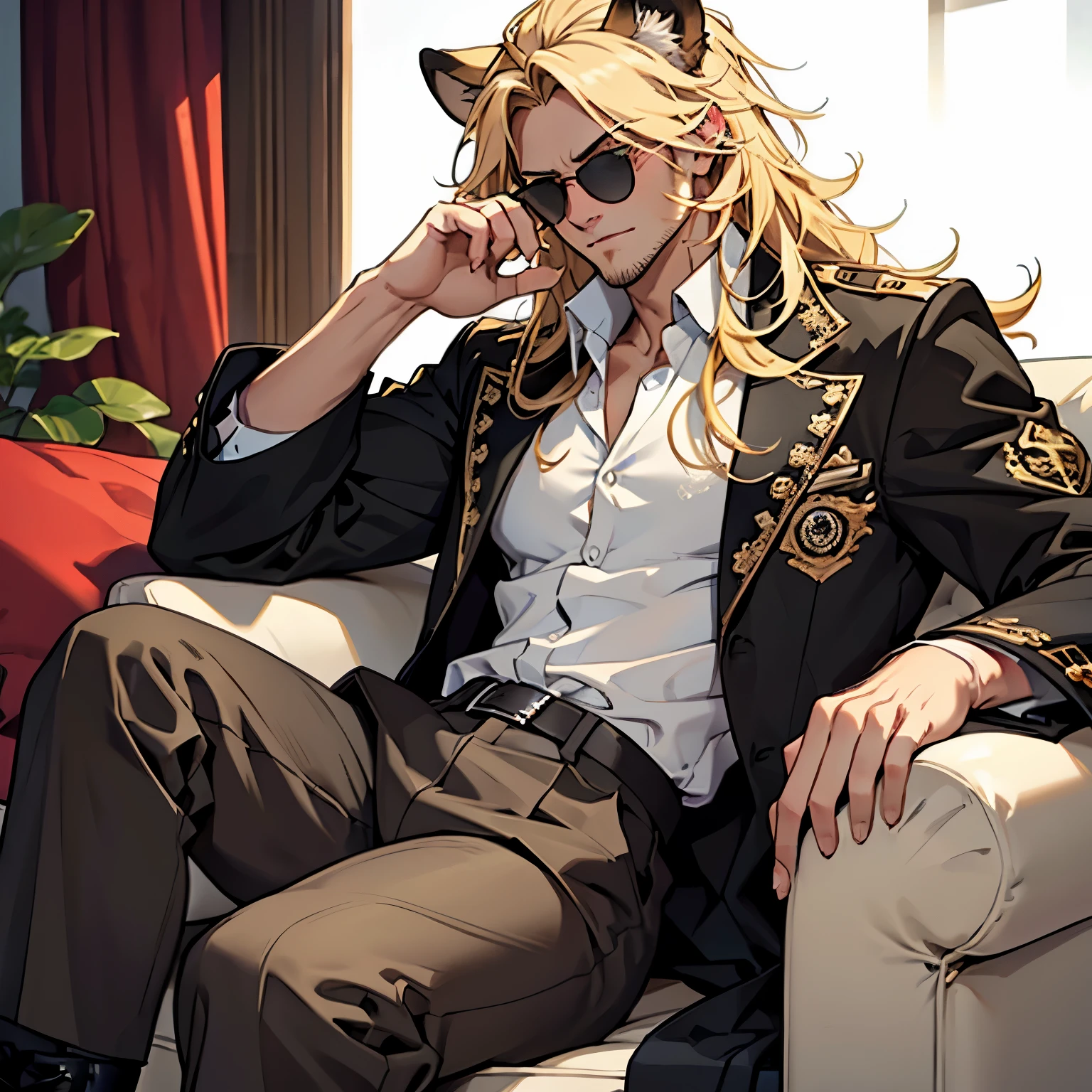 Black jacket, ((one male)), lion ears, long hair, blond, blond hair, green eyes, tall, muscular, white shirt, ((beautiful face)), ((highest quality)), ((masterpiece)), ((2d)), (anime), perfect face, (((highest detail))), feline eyes, stubble, lion tail, wavy hair, (far shot), (((detailed face))), intricate details, ((sitting on white couch)), white background, black boots ((red sunglasses)), (((human hands)))