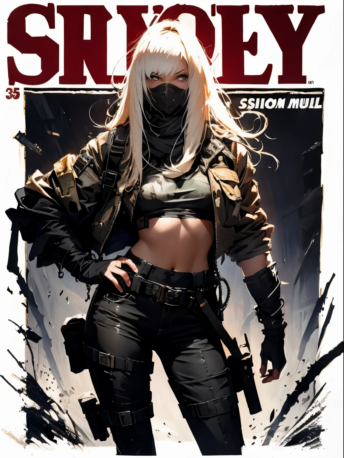 A post-apocalyptic warrior, uma mulher de 35 anos quase nua no estilo Simon Bisley para a capa da revista Heavy Metal, cabelo metade preto metade branco, Minimum clothing, roupas curtas,