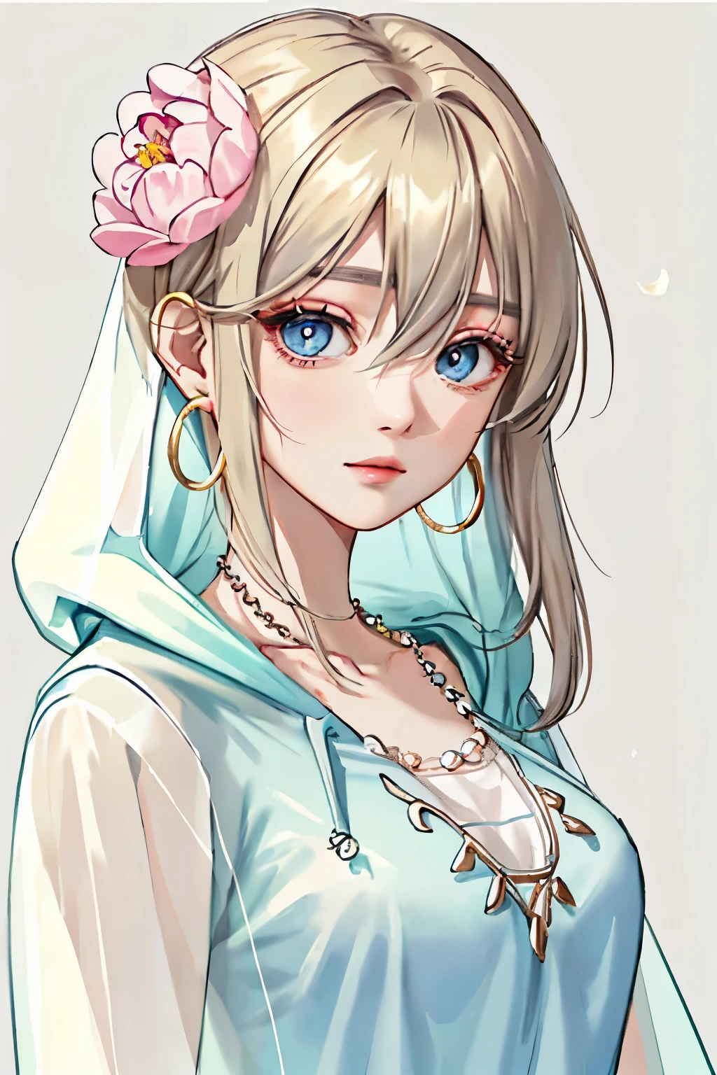 masterpiece: 1.6, best quality: 1.4, hair上的花, peony, real picture: 1.2, intricate details: 1.2, 1 Close-up portrait of lady, alone, (bags under eyes: 1.6),
appearance::1.25, Slim:1.3, blue eyes, big breasts, open breast, sharp vision,
clothing: (Transparent jacket, Chameleon color, frustrate, spectrum, Hoodies),
Accessories: simple hoop earrings, Shell necklace, pearl, crystal, precious stone,
hair: (long golden hair), 蓬乱的hair,
cosmetics: Nature, radiant skin,
(simple background, theme background: 1.3), (Extreme close-up: 1.2),