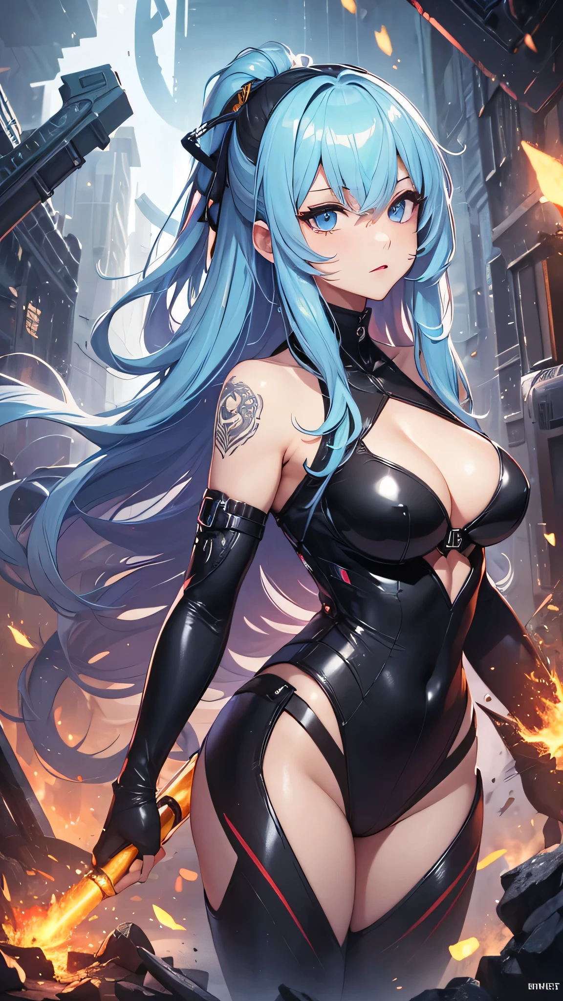 最high quality、best image quality、masterpiece、girl((20-year-old、 By becoming、vest bust、medium bust,wide open breast tea、shining eyes, light blue hair、long hair、thin,highest valley、ponytail、action of looking up、full body bandage、Black and white suit、backwards、emphasize the buttocks)),high quality、beautiful art、background((Near future、Machine area、energy field))、Flight、debris flies、Depth of written boundary、movie、visual art、perfect art、8k,genuine、