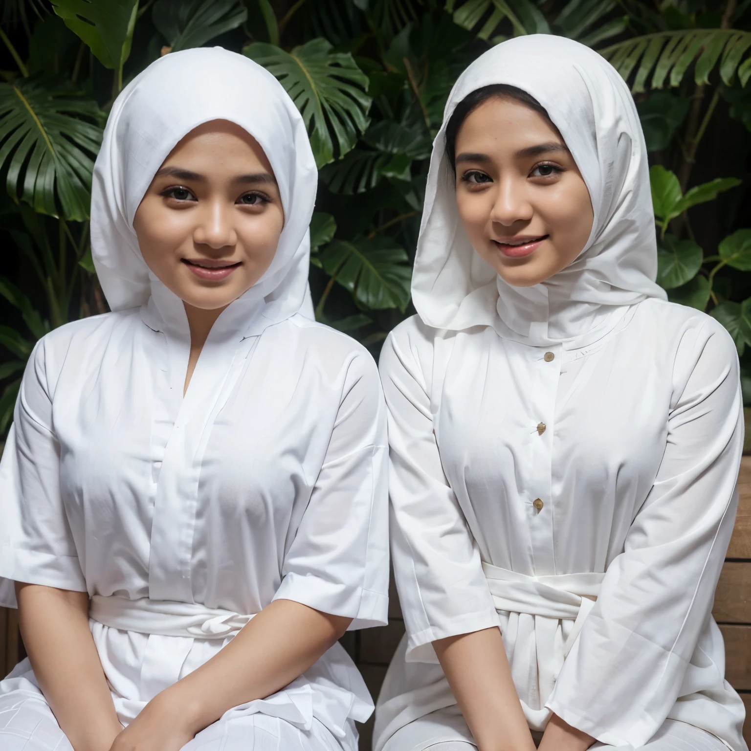 a young man aged 30 years of Indonesian appearance wearing a black presidential cap, white koko shirt, white sarong, realistic, next to him sits a young woman aged 26 years of Indonesian appearance, wearing a white hijab, wearing a white robe, gray running shoes, realistic, smiling facing each other. with the man, 7 year old boys, Indonesian faces, wearing white koko shirts, black peci, 4 year old girls wearing white hijabs, white robes, Indonesian faces, 1 year old girls wearing white hijabs, all have beautiful eyes, eyes realistic, highly detailed faces, colorful 3D samaghis inscribed backgrounds