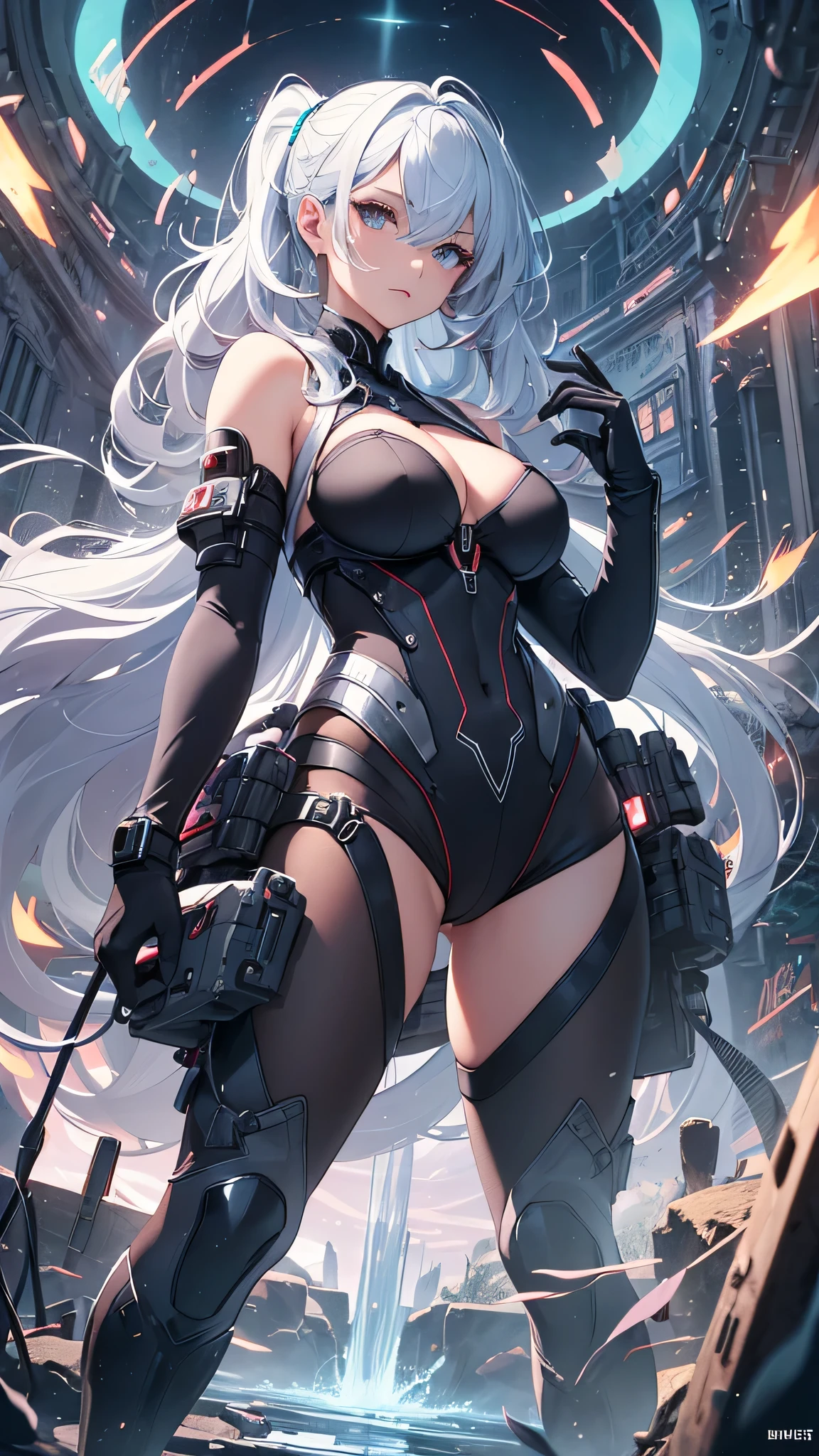 最high quality、best image quality、masterpiece、girl((20-year-old、 By becoming、vest bust、medium bust,wide open breast tea、shining eyes, light blue hair、long hair、thin,highest valley、ponytail、action of looking up、full body bandage、Black and white suit、backwards、emphasize the buttocks)),high quality、beautiful art、background((Near future、Machine area、energy field))、Flight、debris flies、Depth of written boundary、movie、visual art、perfect art、8k,genuine、