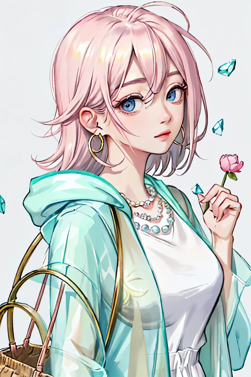 masterpiece: 1.6, best quality: 1.4, hair上的花, peony, real picture: 1.2, intricate details: 1.2, 1 Close-up portrait of lady, alone, (bags under eyes: 1.6),
appearance::1.25, Slim:1.3, blue eyes, big breasts, open breast, sharp vision,
clothing: (Transparent jacket, Chameleon color, frustrate, spectrum, Hoodies),
Accessories: simple hoop earrings, Shell necklace, pearl, crystal, precious stone,
hair: (long golden hair), 蓬乱的hair,
cosmetics: Nature, radiant skin,
(simple background, theme background: 1.3), (Extreme close-up: 1.2),