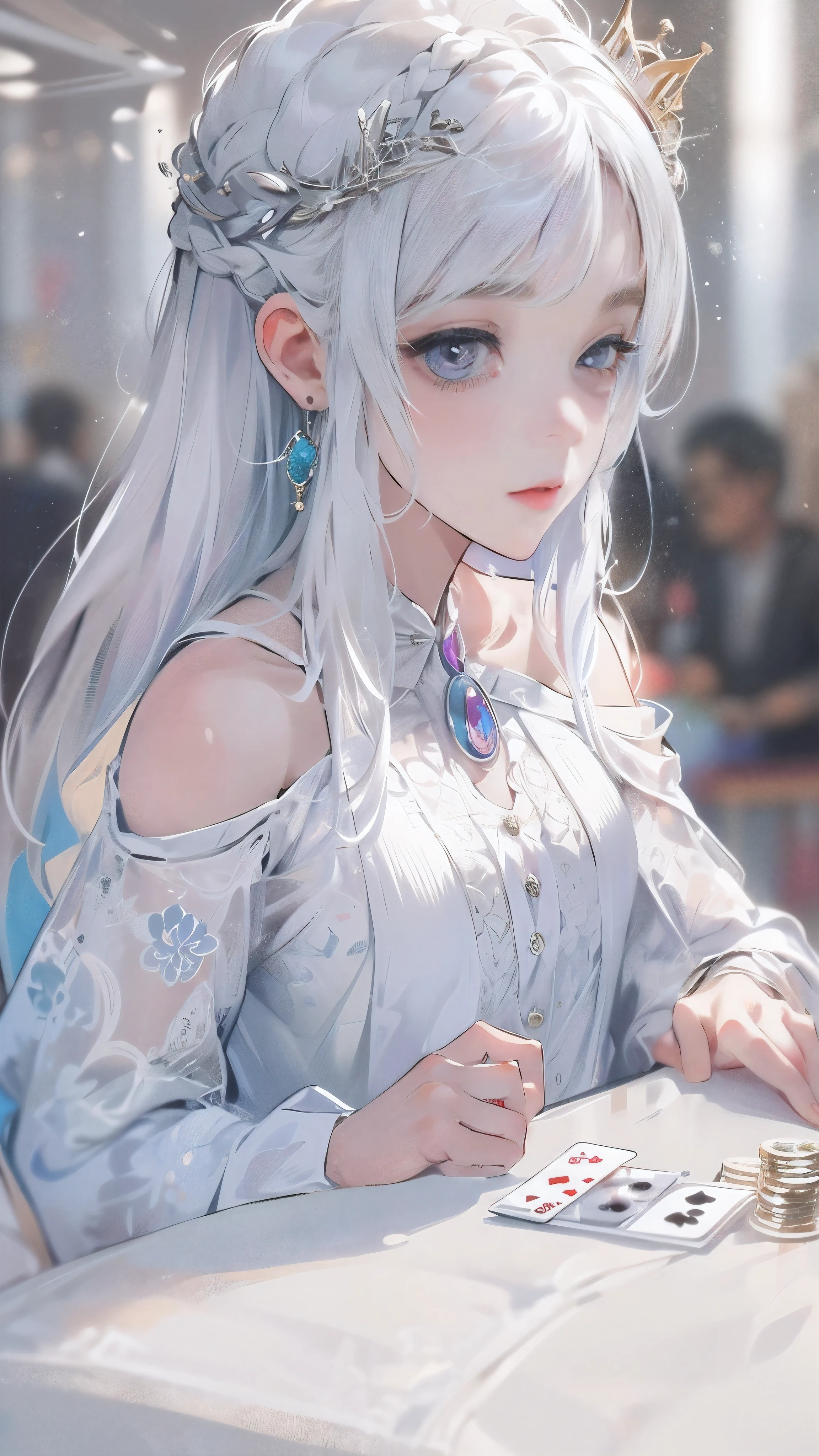 best quality, Very detailed, masterpiece, super detailed, (Reality: 1.2), 1 girl, (White background), simple background, exquisite eyes, silver hair, purple eyes, hair_decorate, (white off shoulder shirt: 1.3), long hair, Pointy_ear, crown_braid, poker face, straight hair, (++ sitting: 1.2), Room,