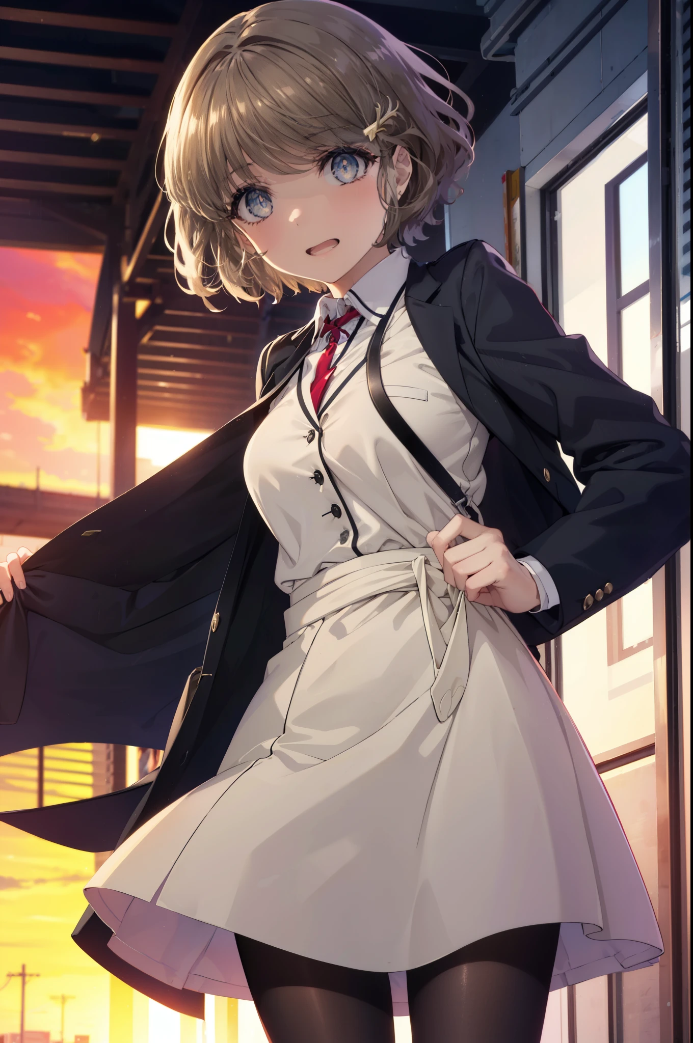 tomoekoga, Chie Koga, short hair, brown hair, blue eyes, hair clip,big breasts , mouth open,smile,blush,OL,  yellow long coat　The front is empty,end, black suit jacket, collared jacket, white dress shirt, collared shirt, neckline, button, strap, ID card on neck, black pencil skirt, black pantyhose, stiletto heels,sunset,evening,
break outdoors, In town,building street,
break looking at viewer, (cowboy shot:1.5),
break (masterpiece:1.2), highest quality, High resolution, unity 8k wallpaper, (figure:0.8), (detailed and beautiful eyes:1.6), highly detailed face, perfect lighting, Very detailed CG, (perfect hands, perfect anatomy),